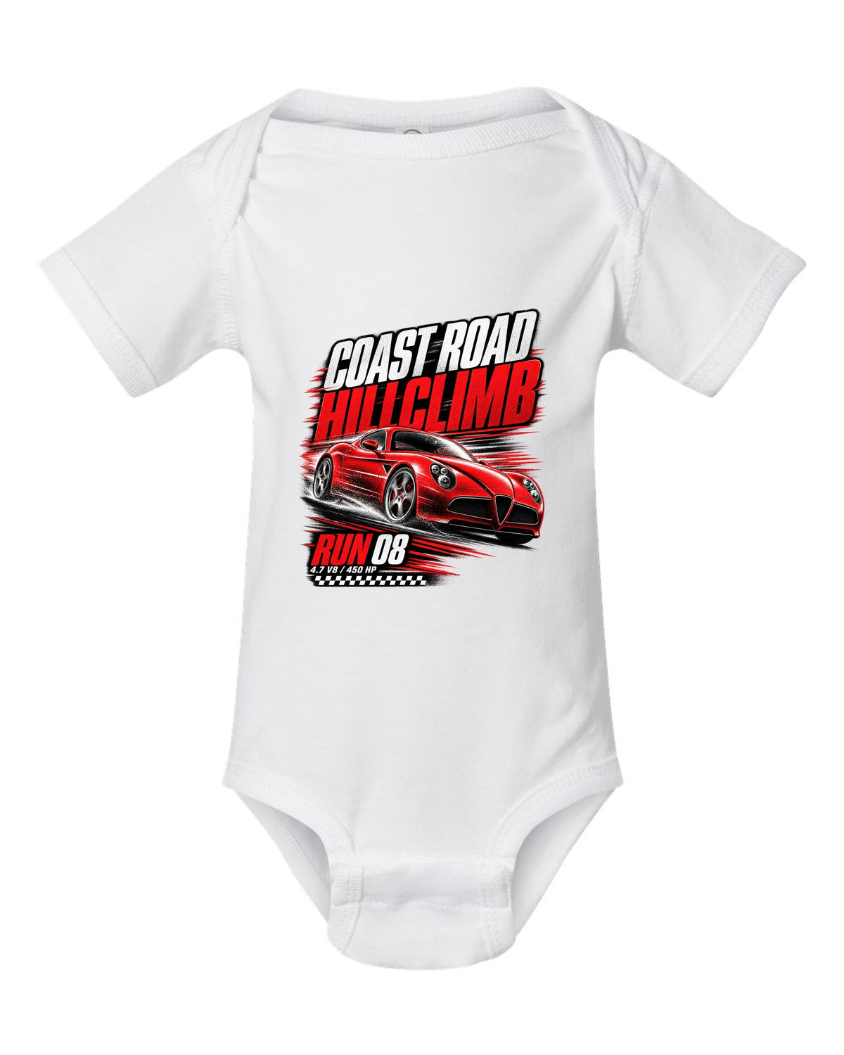 Hillclimb race poster print of an Alfa Romeo 8C Competizione with coast road and 4.7 V8 text white baby onesie front view with the design