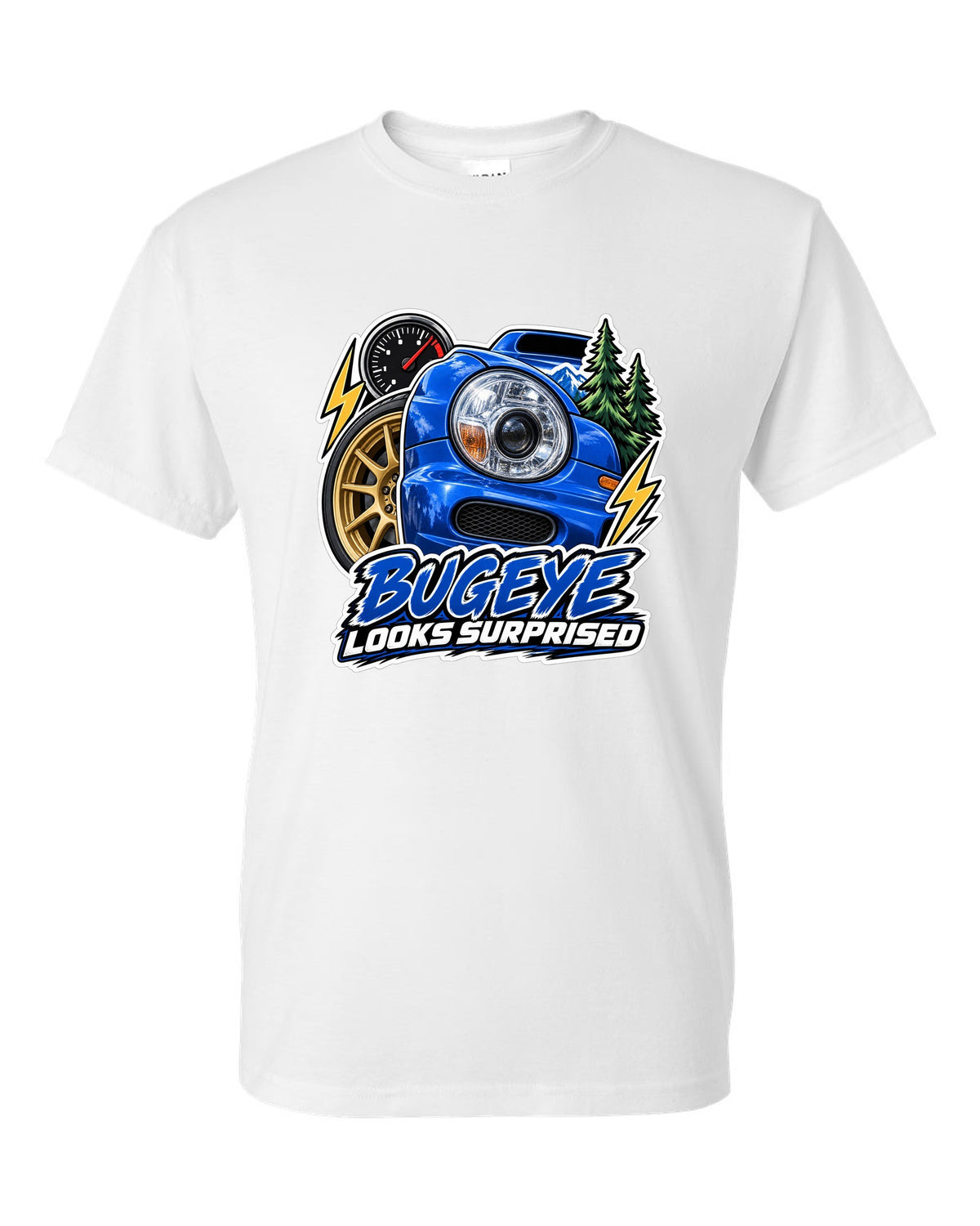 Sticker-bomb collage of a Subaru Impreza WRX GDB Bugeye white t-shirt front view with the design
