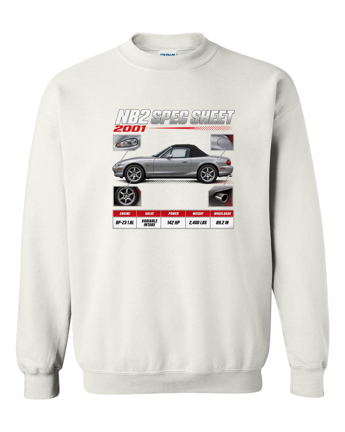 Spec poster print for the 2001 Mazda MX-5 NB2 reading NB2 spec sheet, 2001, variable intake white crewneck front view with the design
