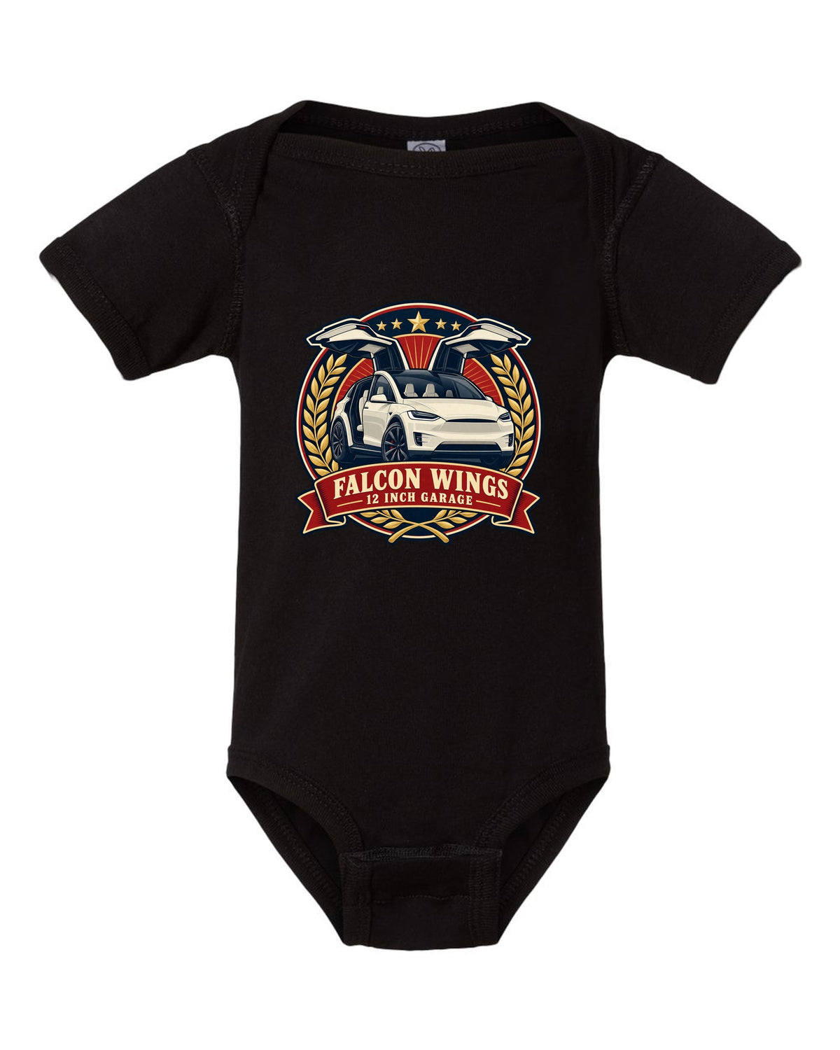 Vintage badge illustration print of a Tesla Model X with falcon wing doors reading Falcon Wings 12 Inch Garage black baby onesie front view with the design