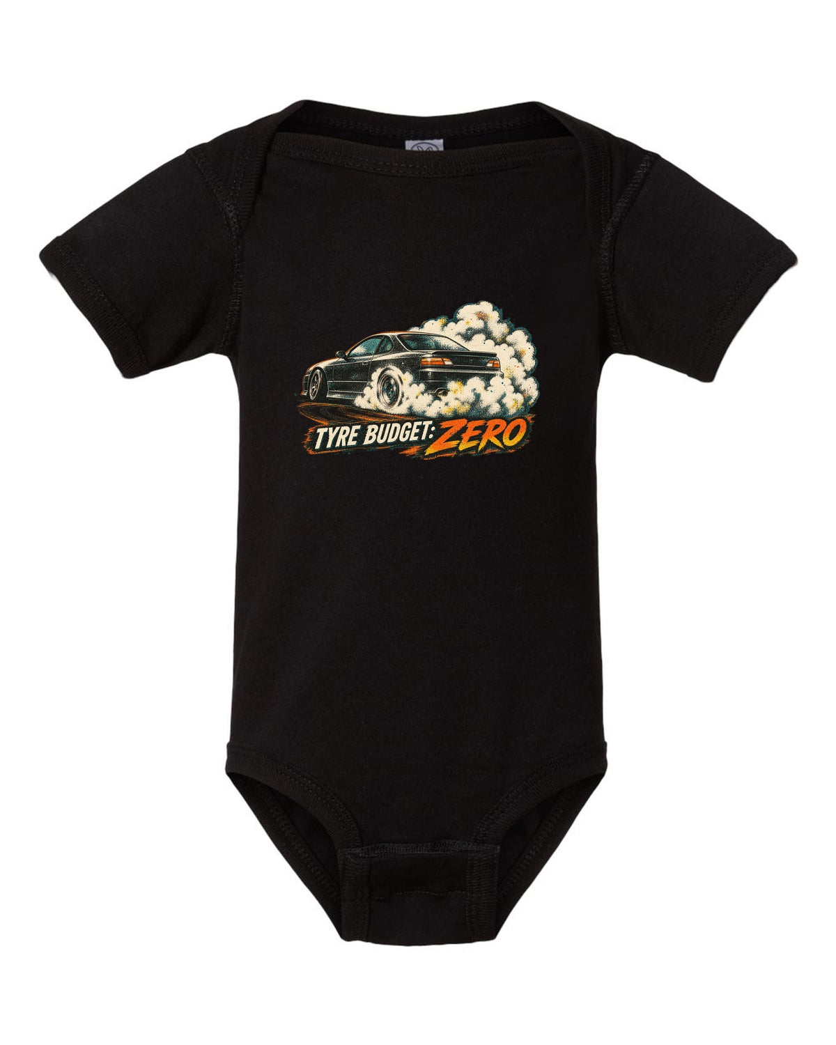 Distressed screenprint print of a 1999 Nissan Silvia S15 with Tyre Budget Zero lettering black baby onesie front view with the design