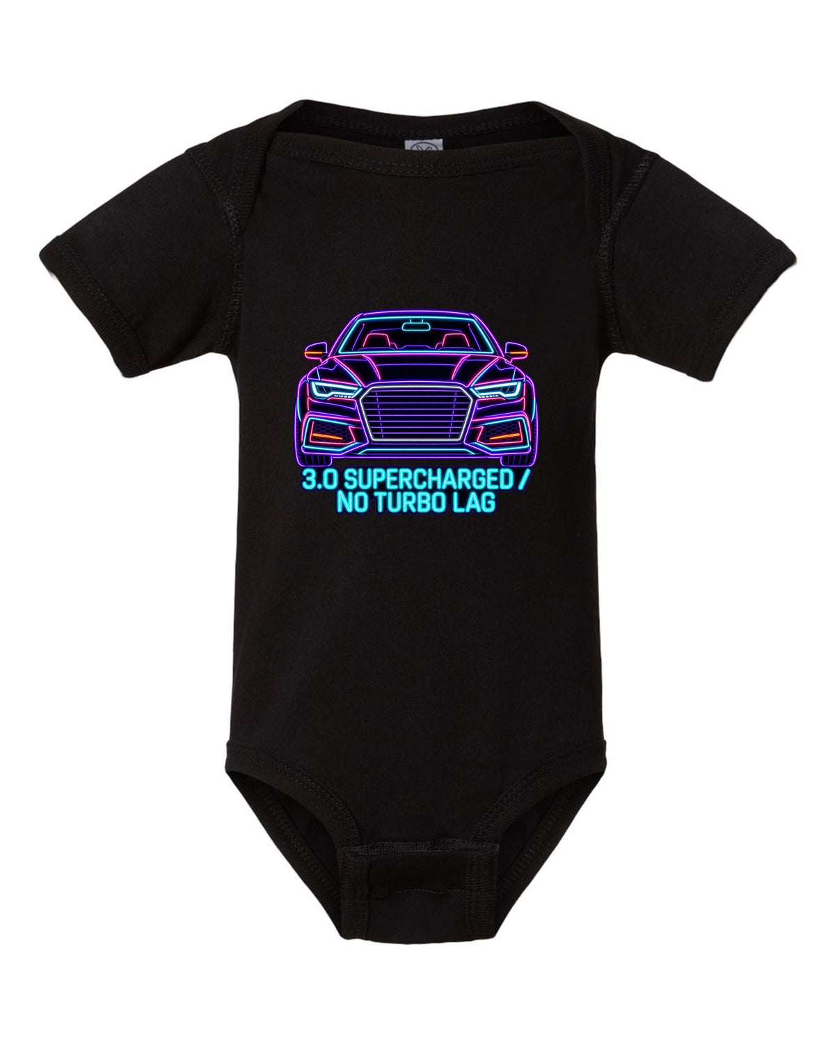 Neon sign line art print of an Audi S4 B8 with 3.0 Supercharged text black baby onesie front view with the design