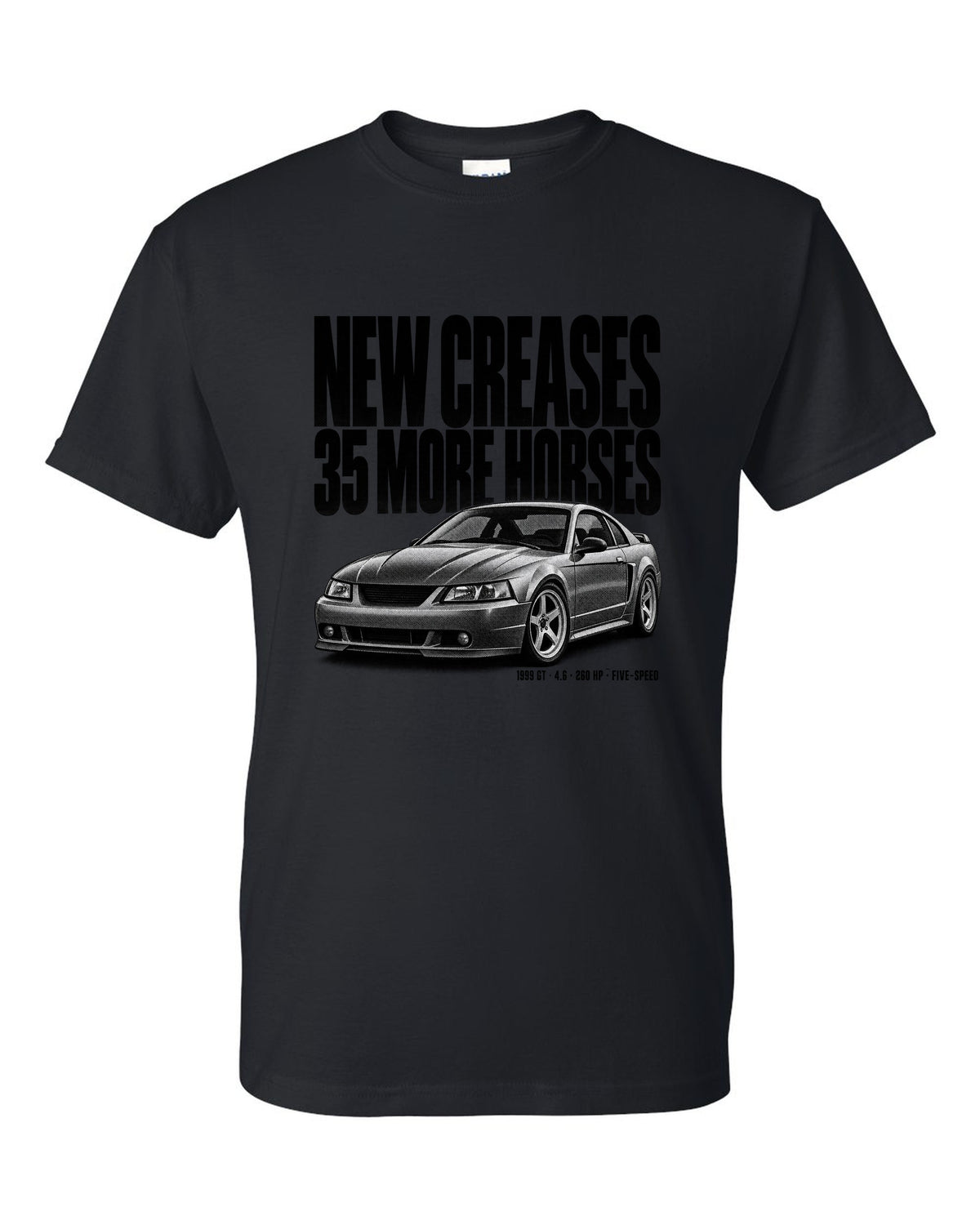 Halftone print of a 1999 Ford Mustang New Edge GT coupe black t-shirt front view with the design