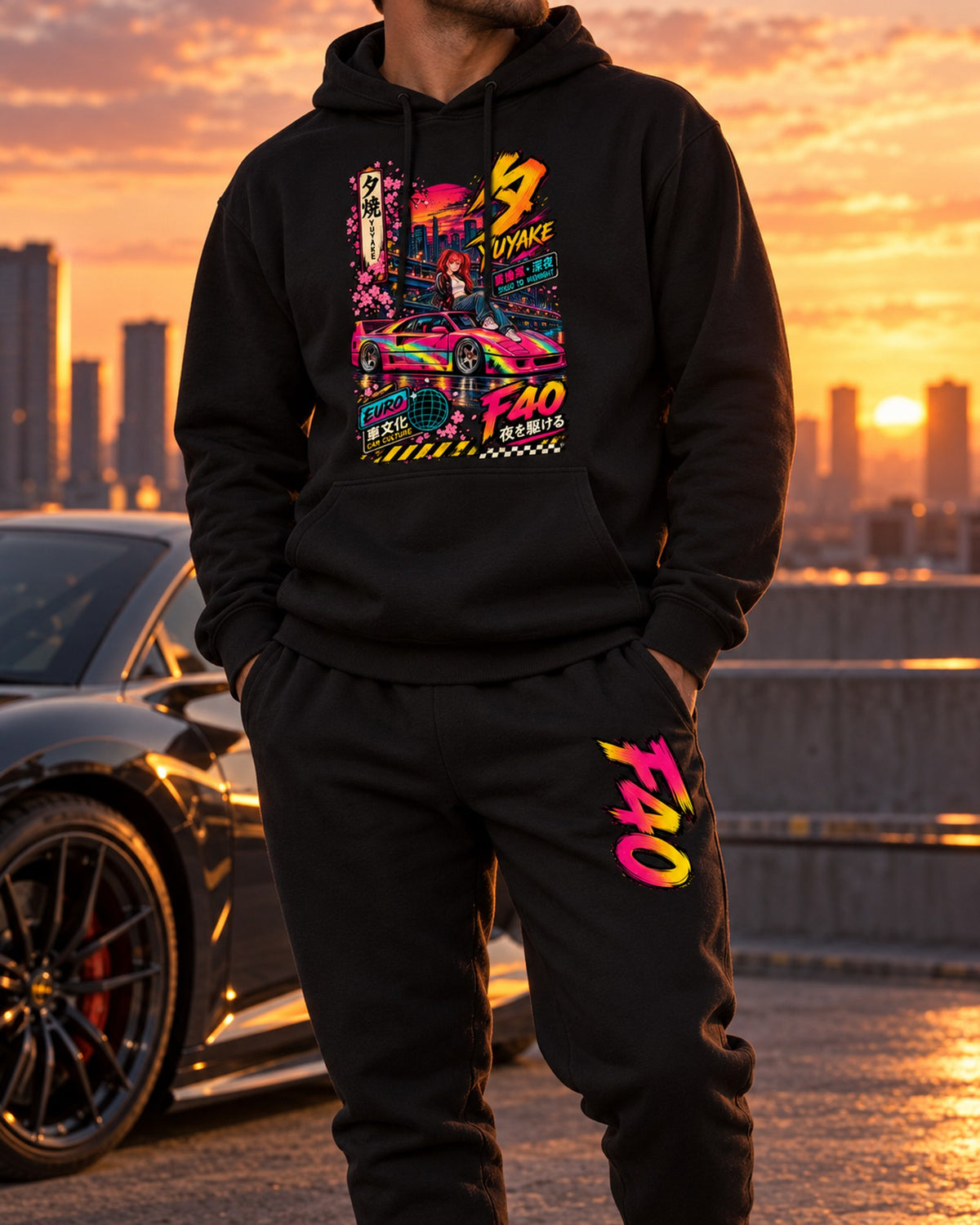 F40 Yuyake Anime Girl Poster Hoodie + Jogger Set Black worn hero