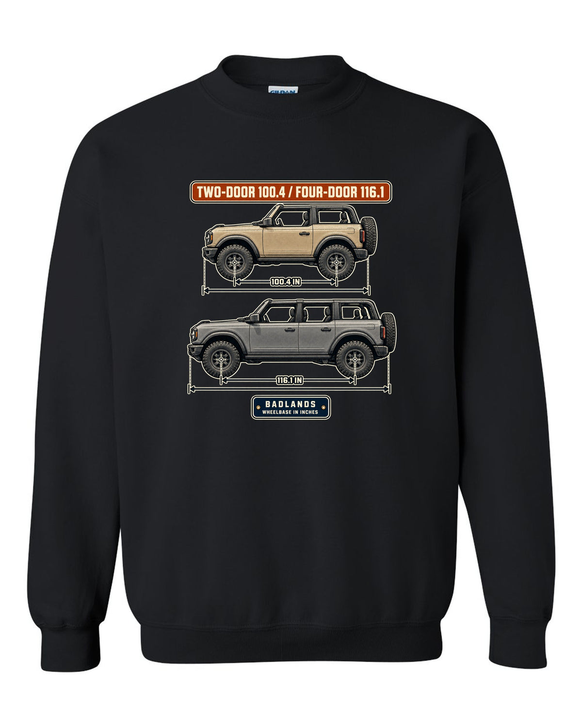 Ford Bronco Badlands two-door and four-door wheelbase blueprint print black crewneck front view with the design