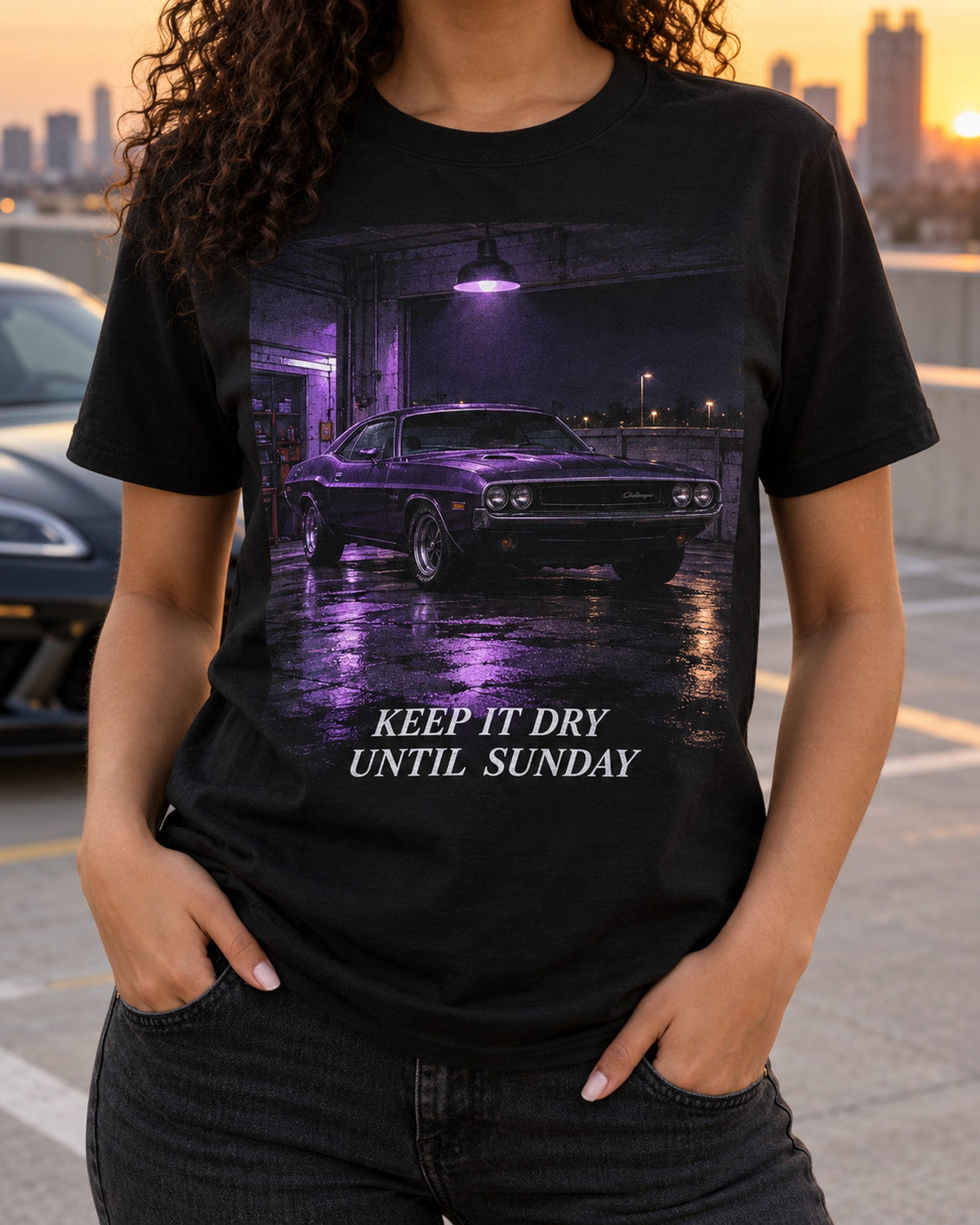 Plum Crazy 1970 Challenger R/T Garage Night Shirt, Sunday Rule T-Shirt Black worn hero