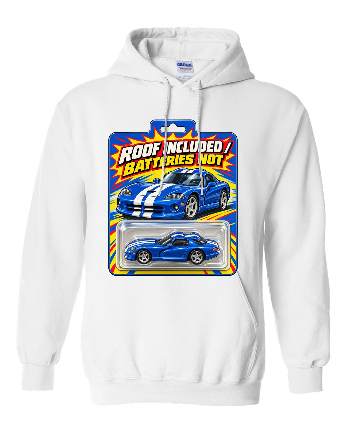 Toy blister-card layout featuring a 1996 Dodge Viper GTS SR II with roof included joke text white pull over hoodie front view with the design