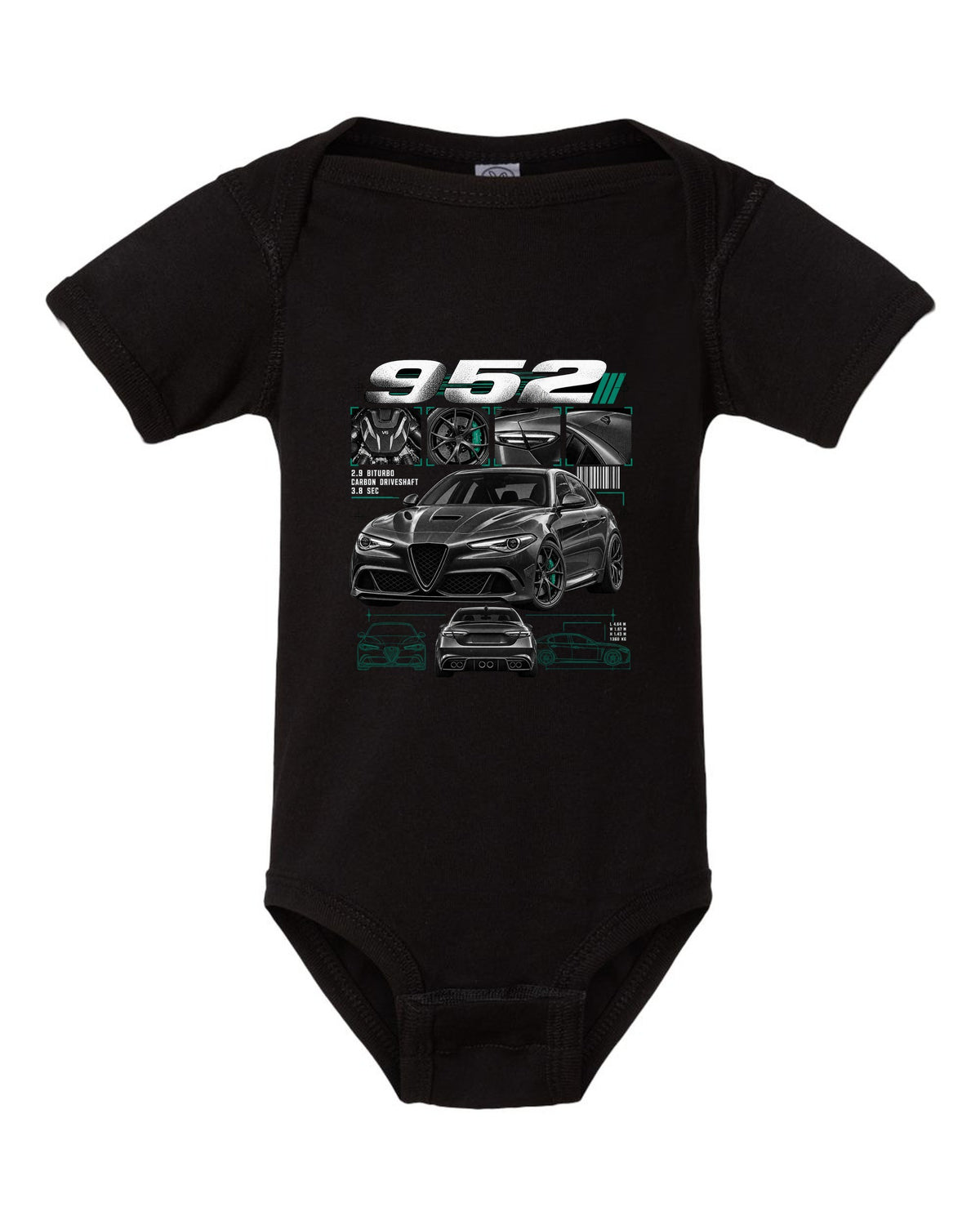 Dossier panel print of an Alfa Romeo Giulia Quadrifoglio 952 with 2.9 biturbo and carbon driveshaft text black baby onesie front view with the design