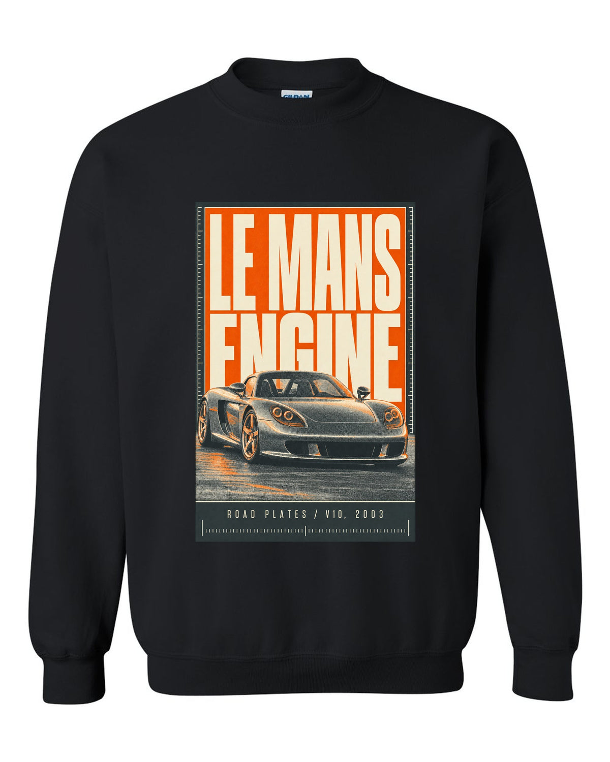 Porsche Carrera GT halftone statement print design black crewneck front view with the design