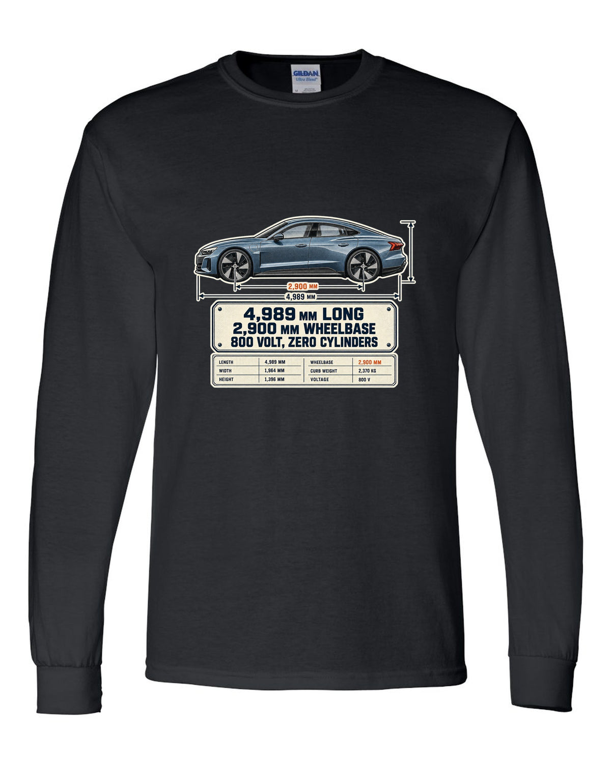 Audi RS e-tron GT J1 dimension blueprint print design black long sleeve front view with the design