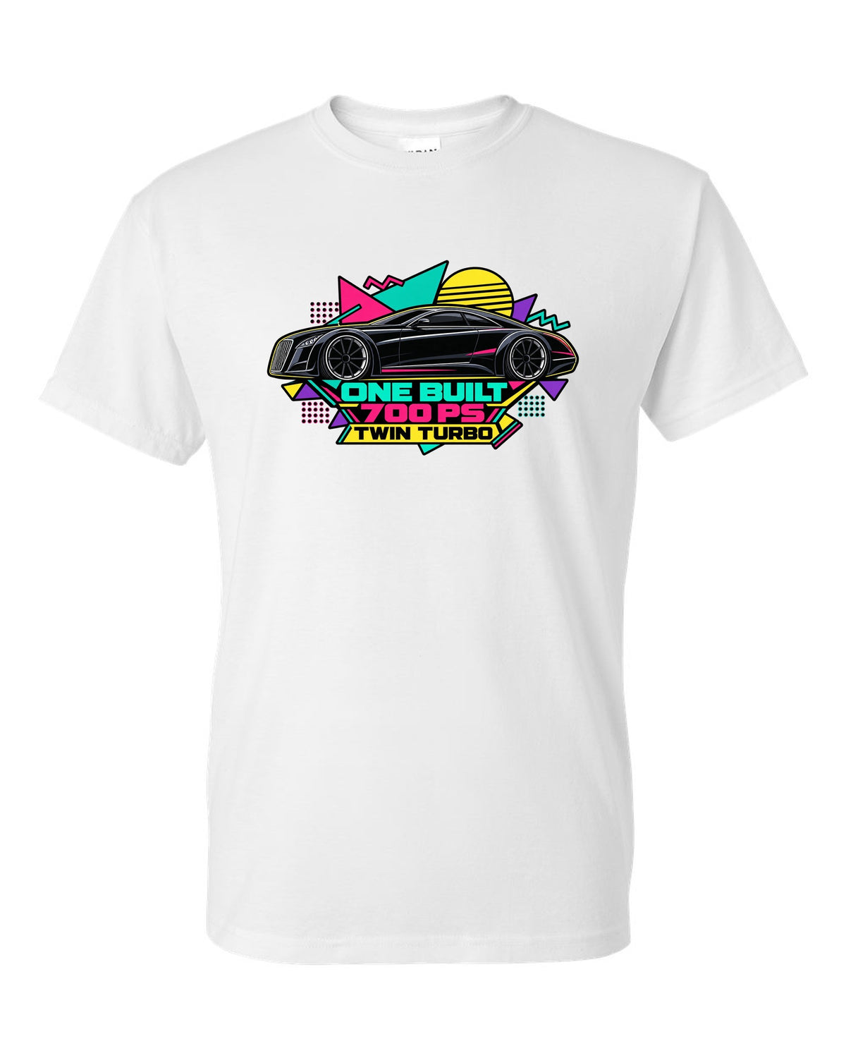 Retro Memphis style vector illustration of the one-off Maybach Exelero with One Built 700 PS Twin Turbo text white t-shirt front view with the design