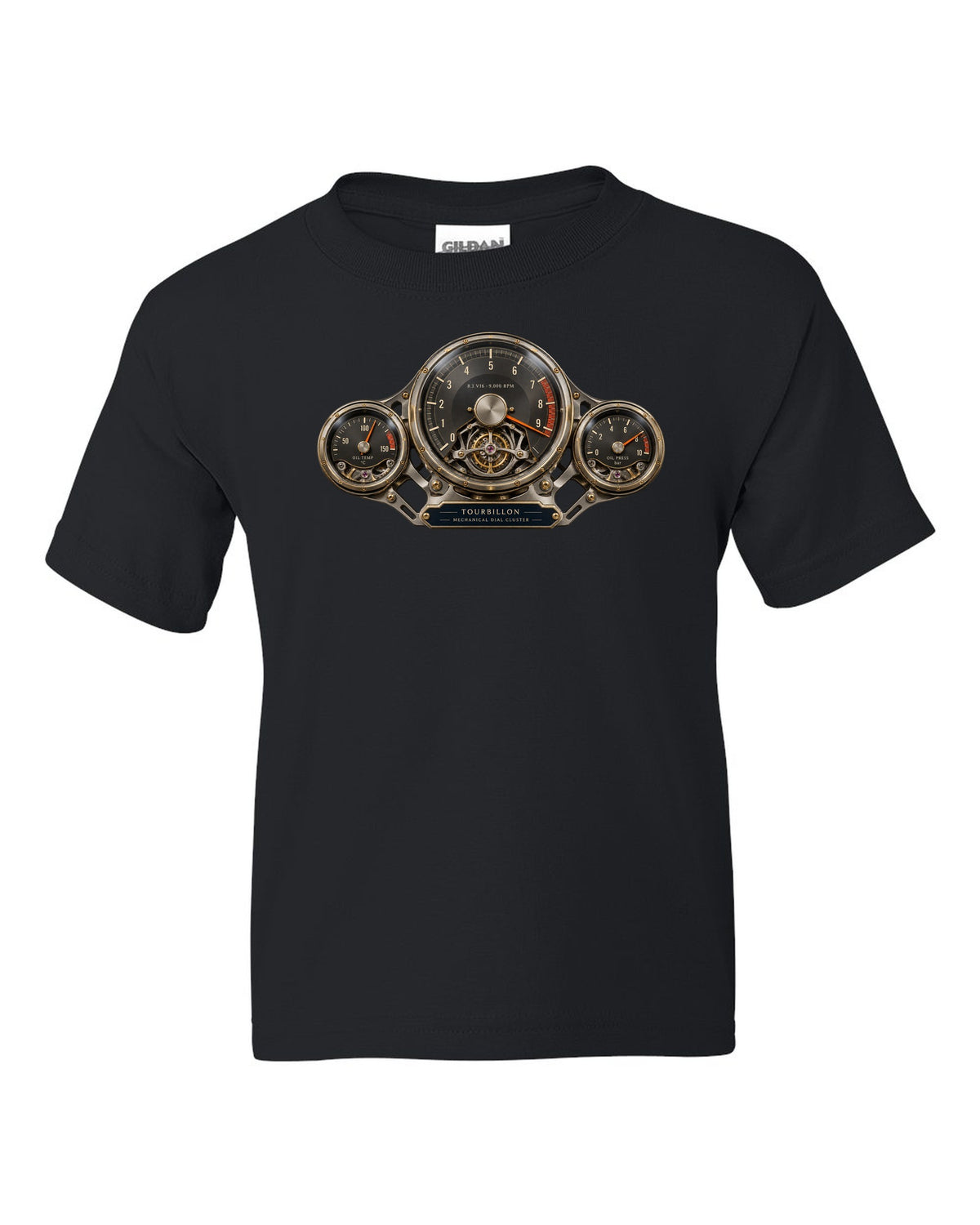 Cockpit and mechanical dial cluster of the Bugatti Tourbillon, print black kids tee front view with the design