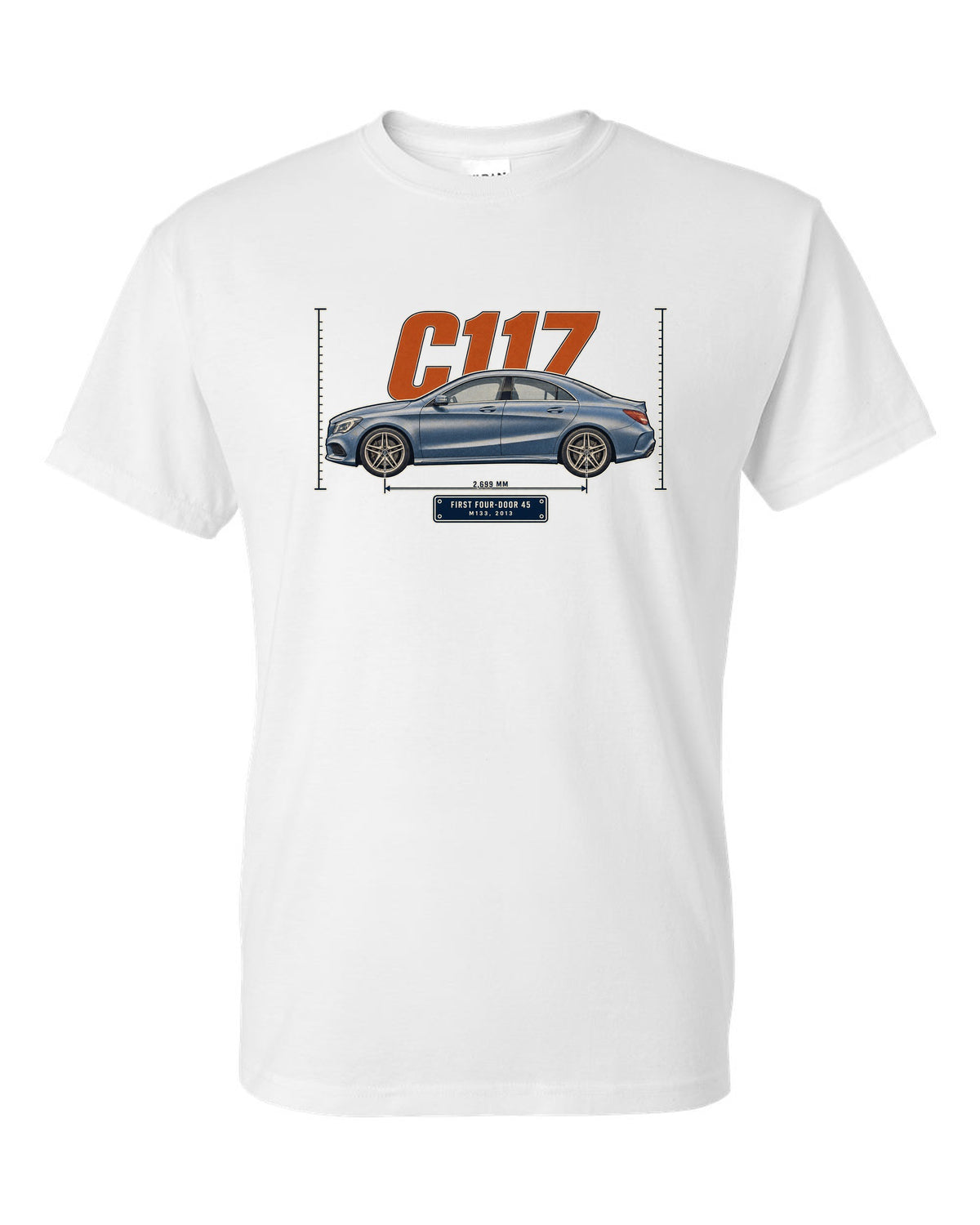 Mercedes-AMG CLA 45 C117 sedan halftone print white t-shirt front view with the design