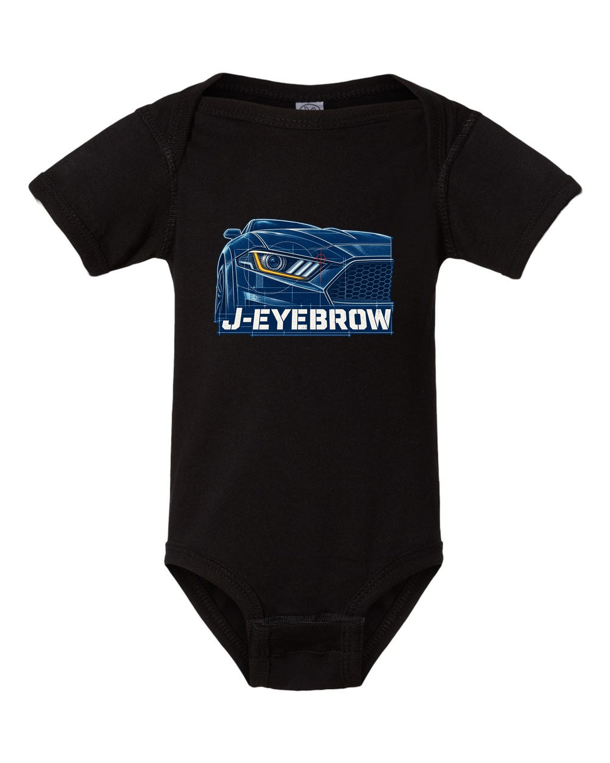Cyanotype blueprint of a 2015-2023 S550 Ford Mustang fastback with J-Eyebrow label black baby onesie front view with the design