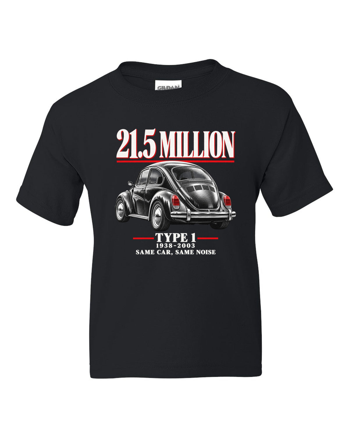Editorial print of a VW Beetle Type 1 1303 Super Beetle three-quarter rear black kids tee front view with the design