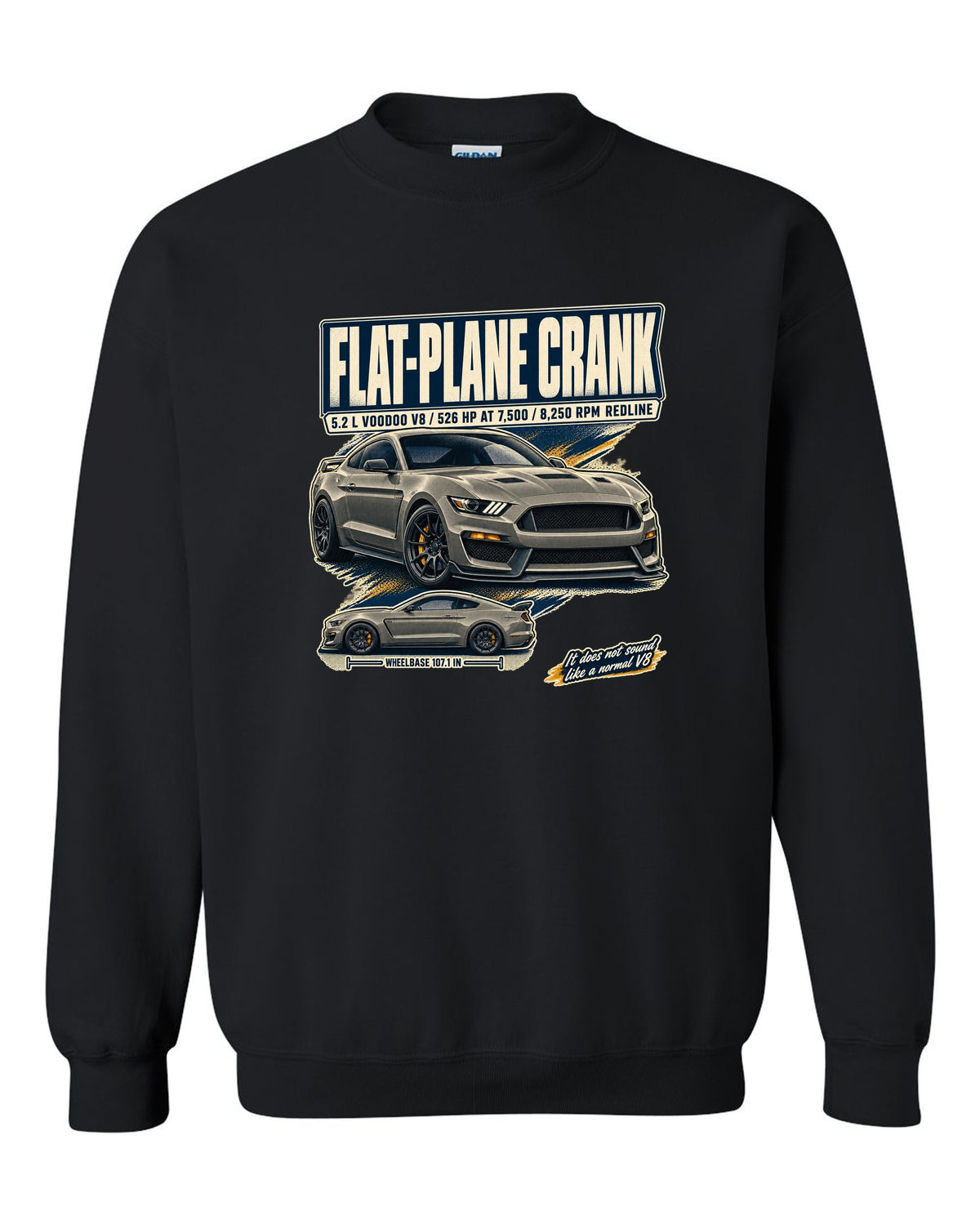 Ford Mustang S550 Shelby GT350 editorial headline print about the flat-plane crank V8 black crewneck front view with the design