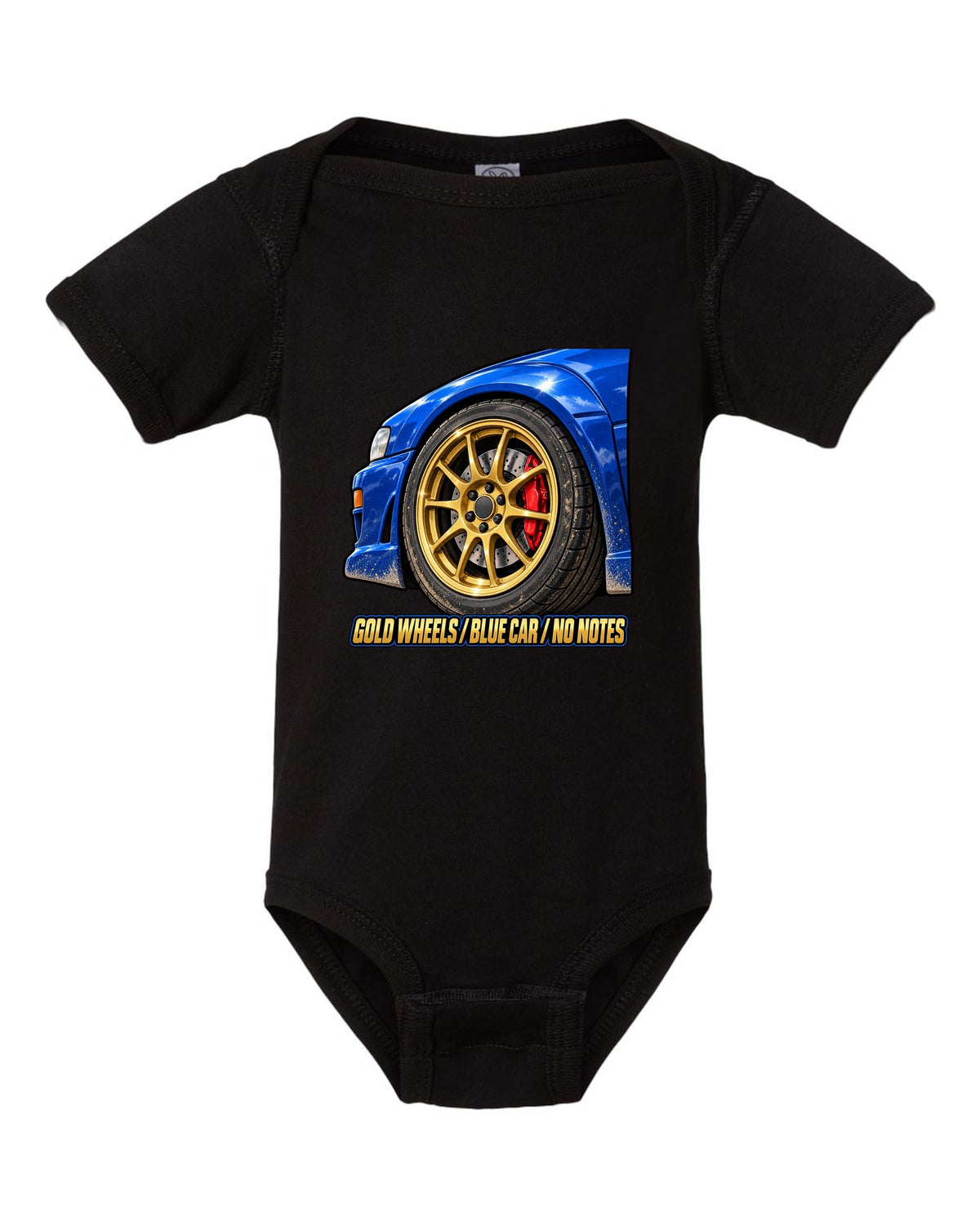 Subaru Impreza WRX GC8 painterly gold wheel close-up on a blue car, GOLD WHEELS / BLUE CAR / NO NOTES black baby onesie front view with the design