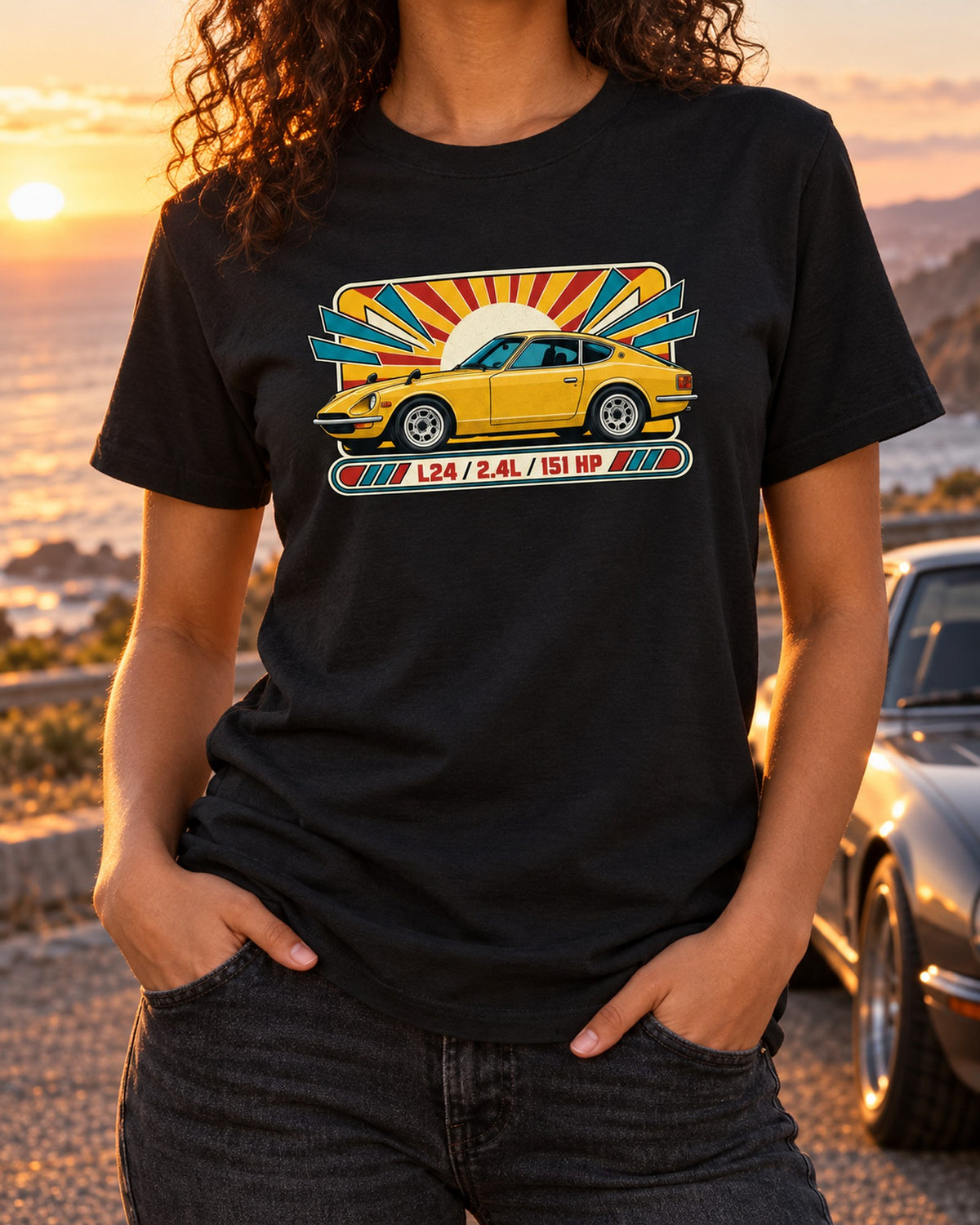 1970s Catalogue Ad Style Datsun 240Z S30 Tee, L24 Print T-Shirt Black worn hero
