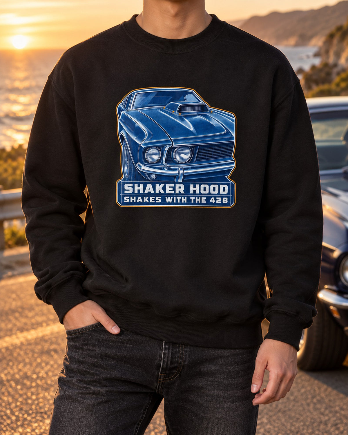 1969 Ford Mustang Fastback Shaker Hood Cyanotype Shirt Crewneck Black worn hero