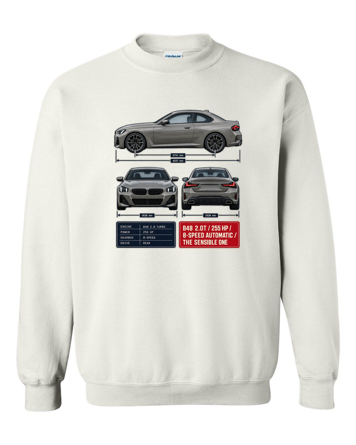 BMW 230i G42 coupe three-view drawing with spec table print white crewneck front view with the design