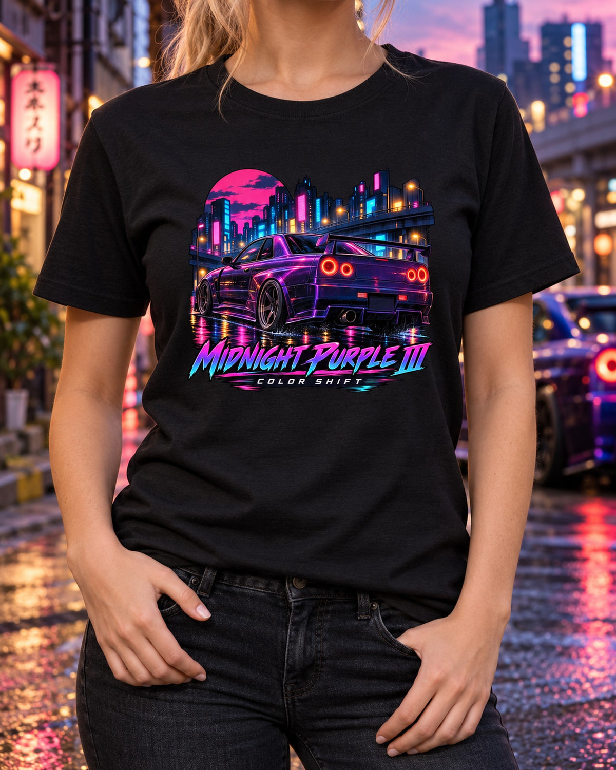 Rainy Shibuya Purple Shirt, Nissan Skyline GT-R R34 Anime T-Shirt Black worn hero