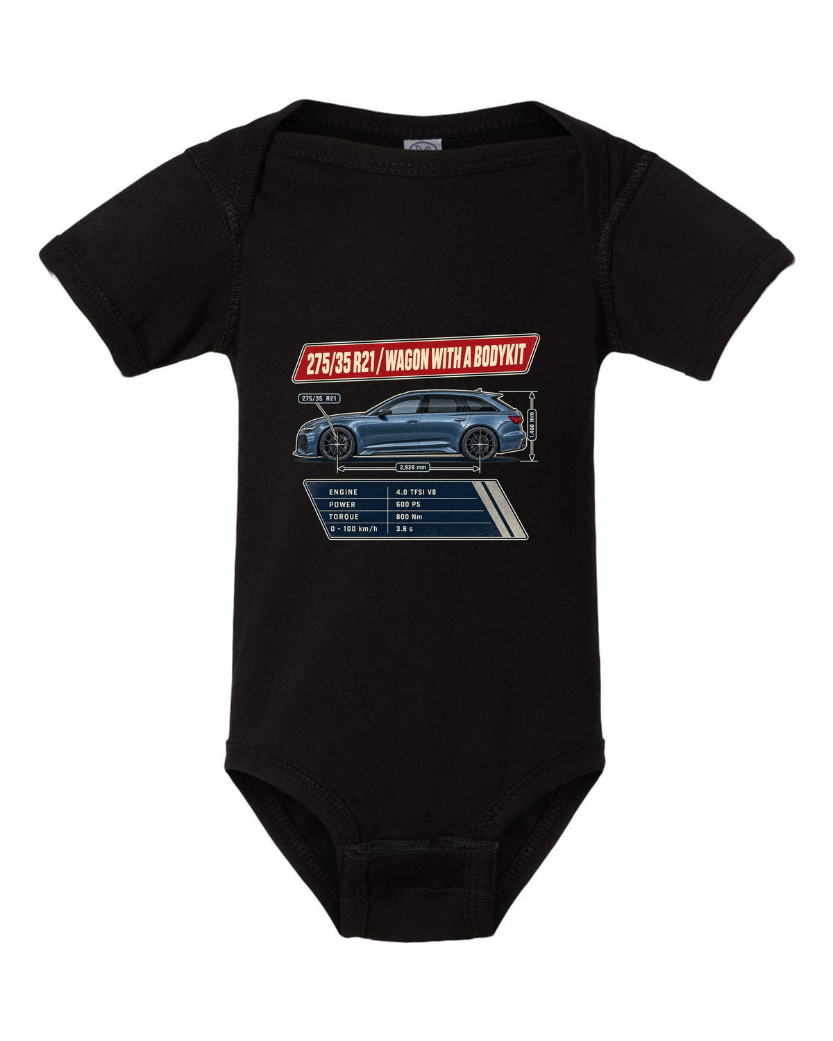 Spec poster for the Audi RS6 Avant C8 listing 275/35 R21 tyres black baby onesie front view with the design