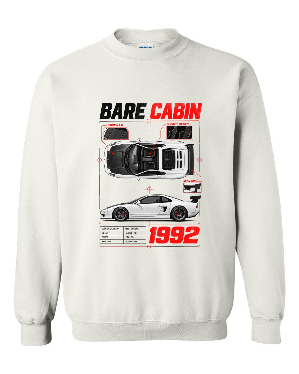 Spec poster print for the 1992 Honda NSX-R NA1 listing bare cabin, bucket seats and carbon lid white crewneck front view with the design