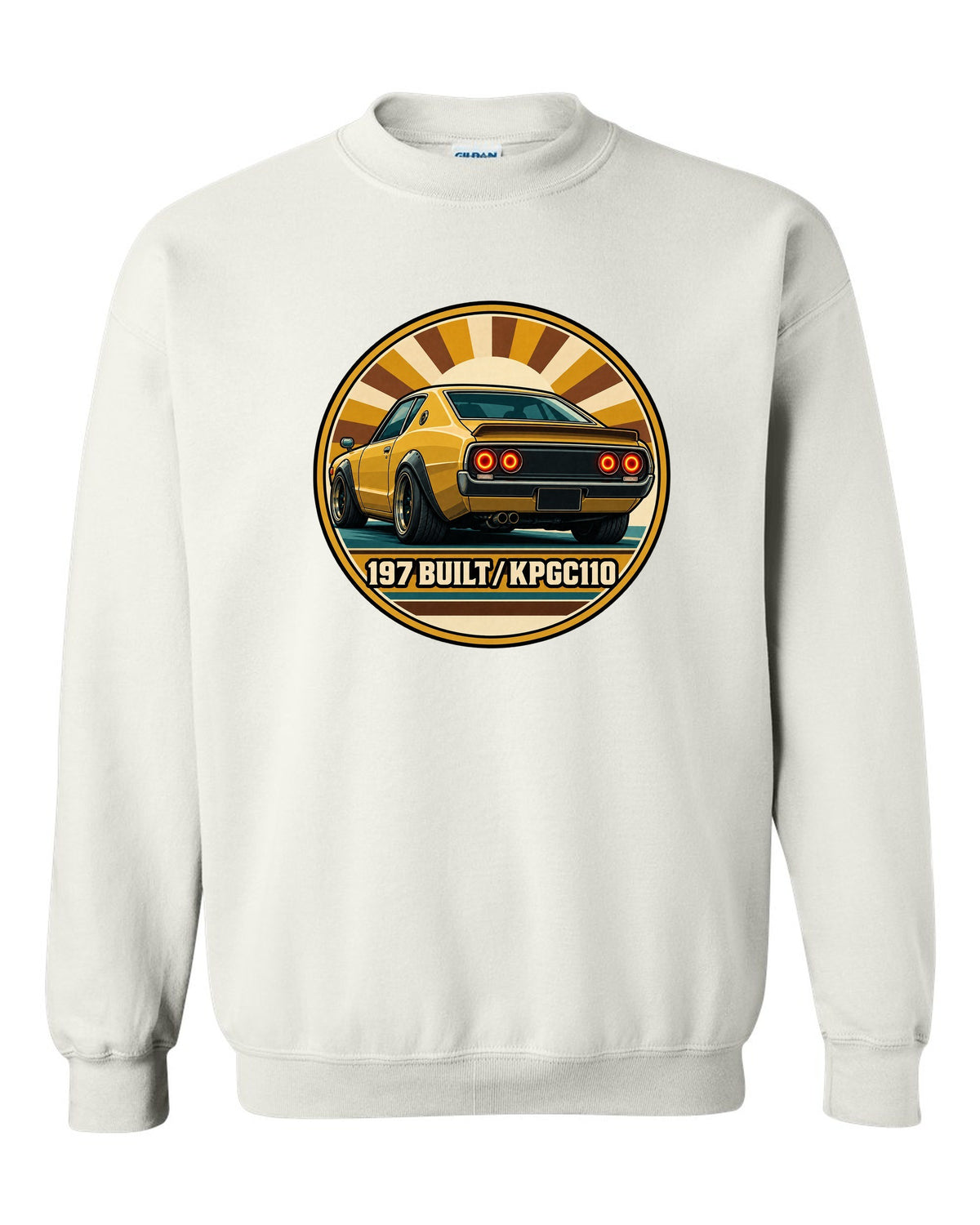 Round crest print for the Skyline Kenmeri KPGC110 with 197 Built lettering white crewneck front view with the design