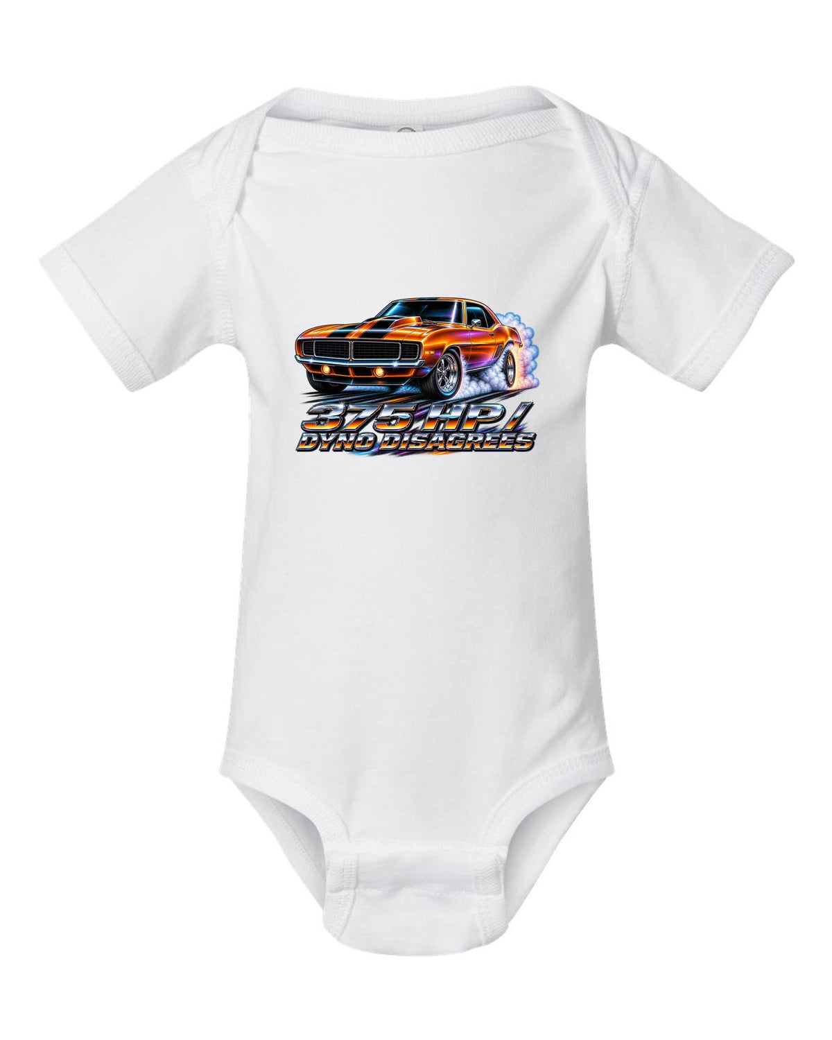 1969 Camaro SS 396 doing a burnout in 80s airbrush chrome style with text 375 HP Dyno Disagrees white baby onesie front view with the design