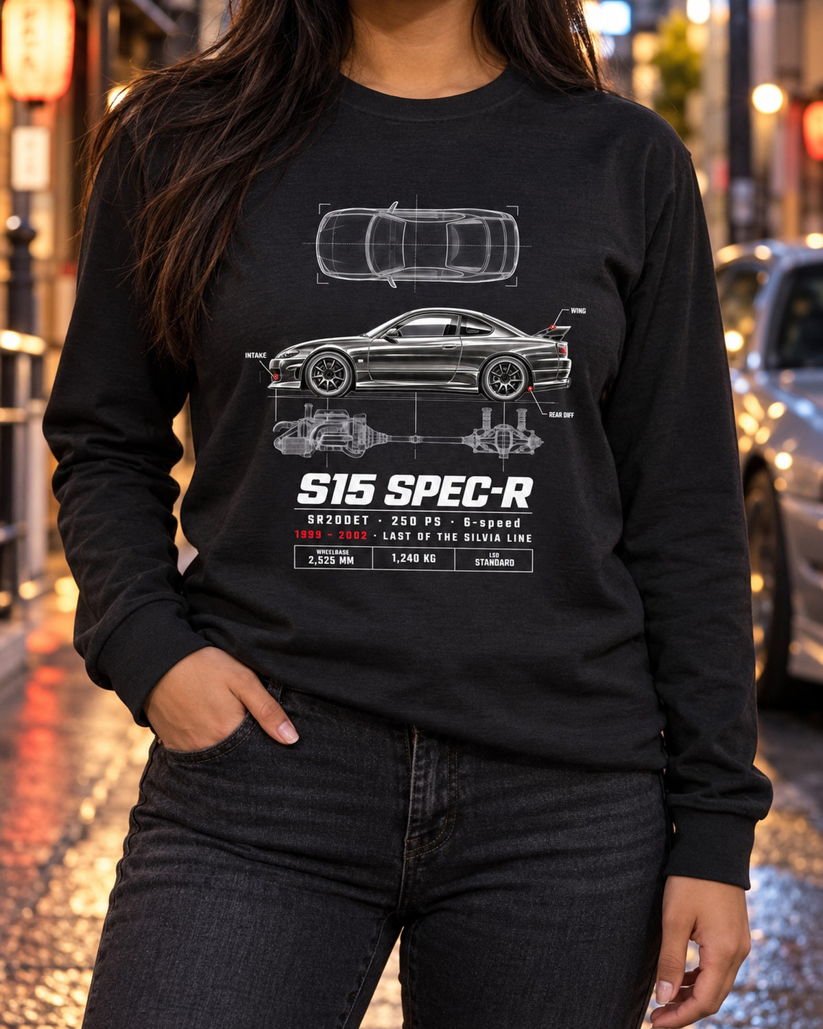 S15 Silvia Spec-R Spec Sheet Poster Tee, 1999-2002 Nissan Long Sleeve Black worn hero