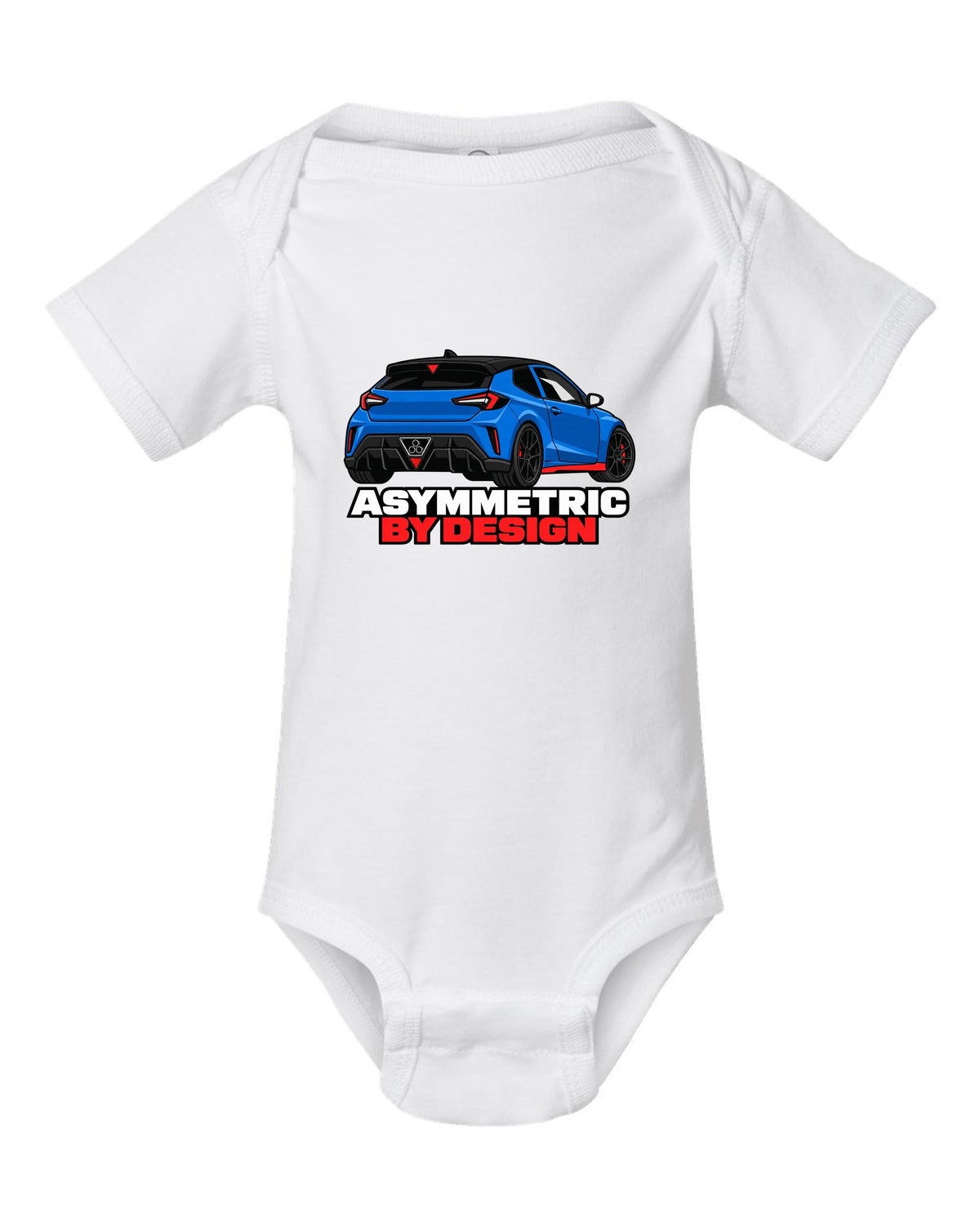 Hyundai Veloster N JS flat vector rear three-quarter print with asymmetric by design text white baby onesie front view with the design