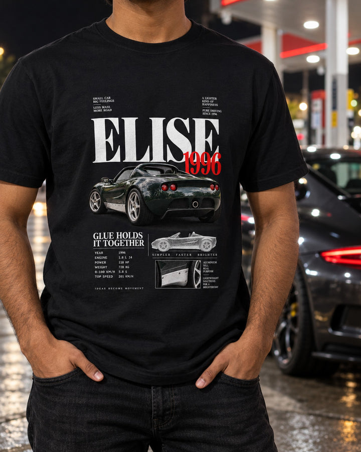 Lotus Elise S1 1996 Bonded Not Welded Editorial print Shirt T-Shirt Black worn hero