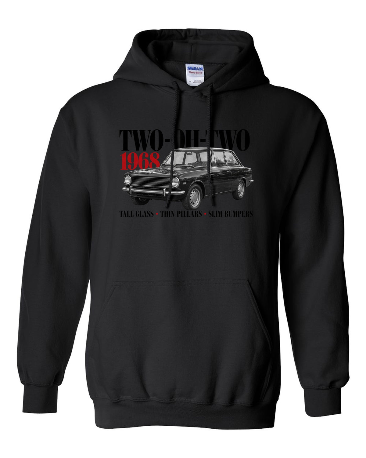 BMW 2002 editorial print with Two-Oh-Two 1968 headline and design details black pull over hoodie front view with the design