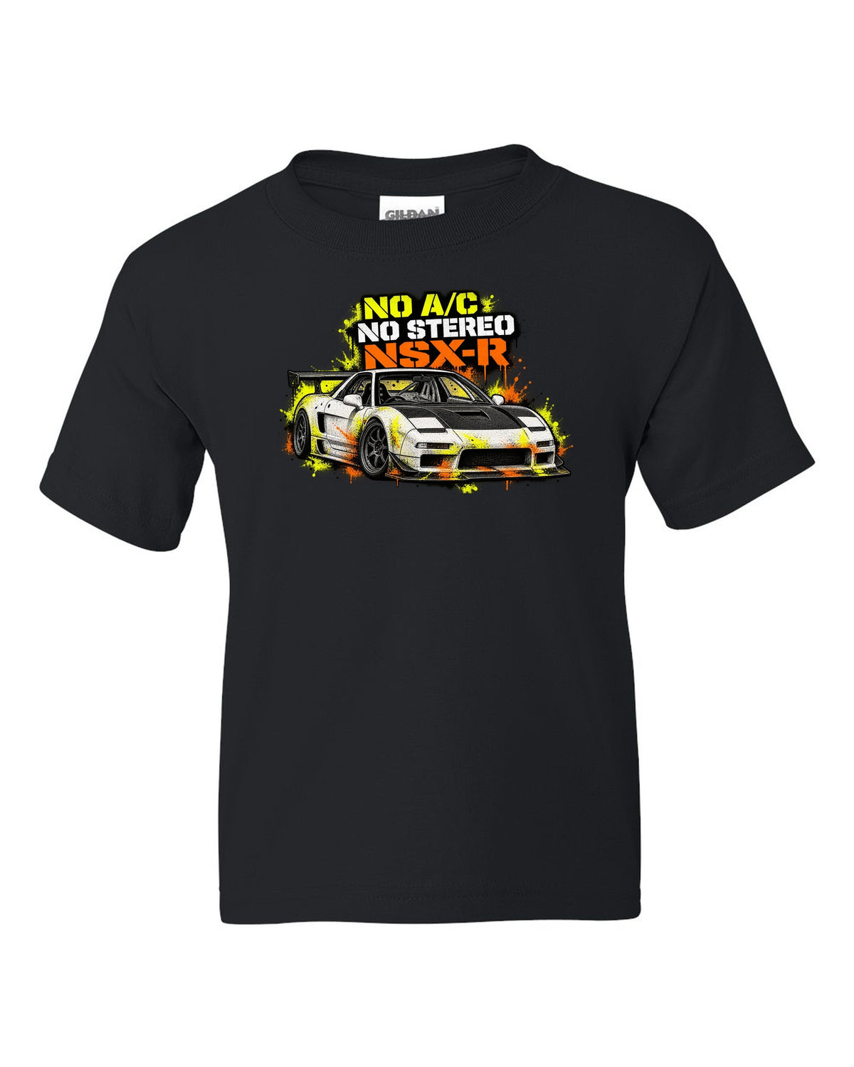 Risograph spot-colour print of a 1988 Honda CRX EF8 with B16A 950 KG Two Seats Only lettering black kids tee front view with the design