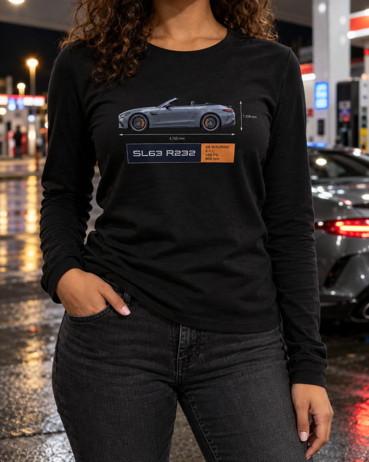 Mercedes-AMG SL63 R232 Dimension Blueprint Shirt, 2+2 Roadster Tee Long Sleeve Black worn hero
