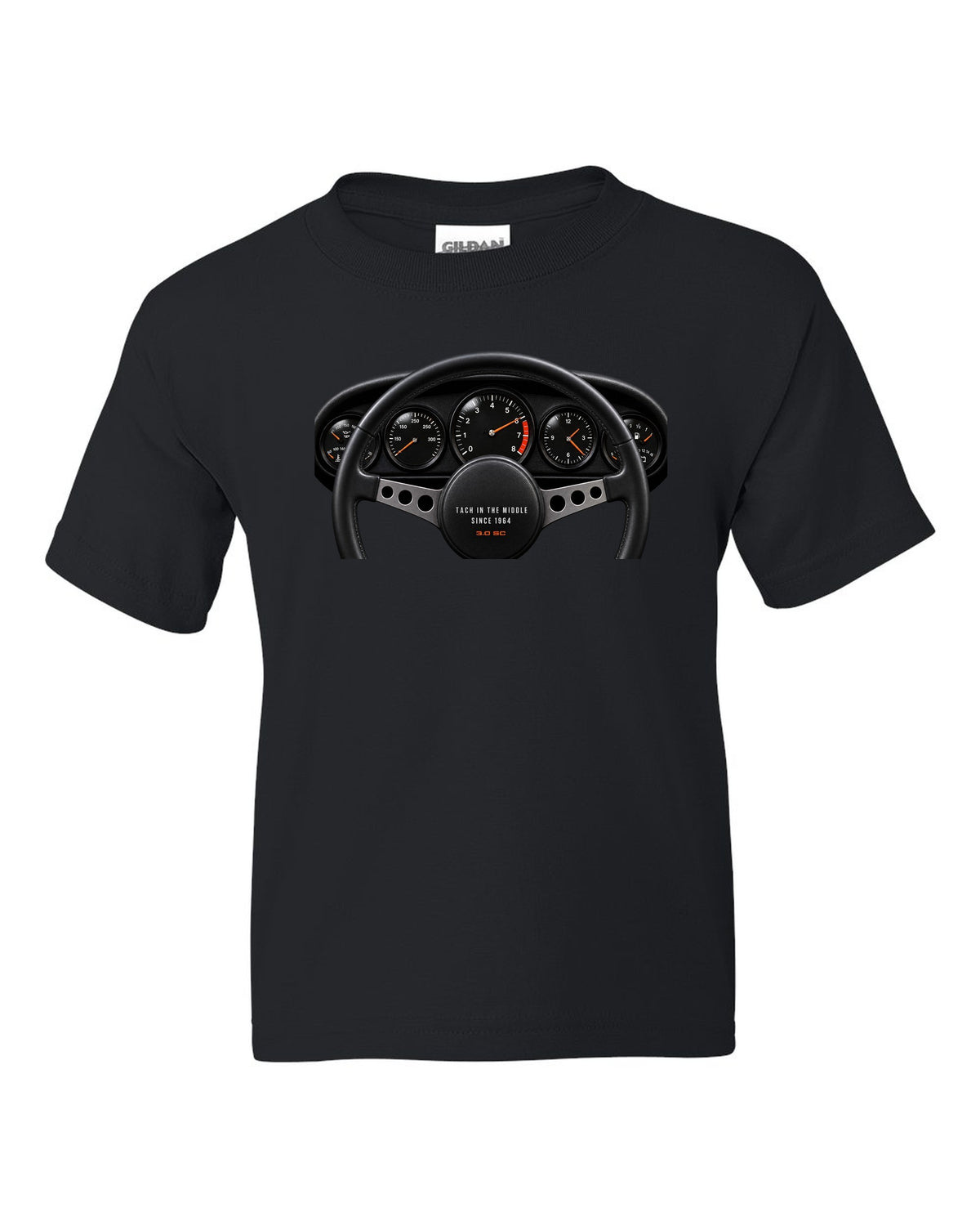 Cockpit gauge print of a Porsche 911 SC Targa with centre tachometer and the line Tach In The Middle Since 1964 black kids tee front view with the design