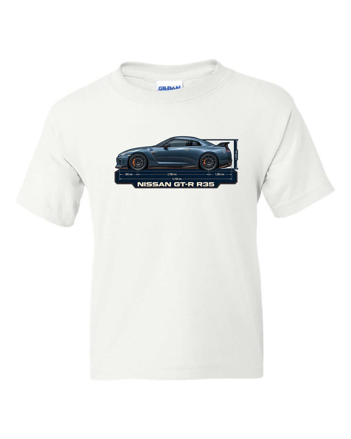 Nissan Z RZ34 Performance dimension blueprint in graphite blue white kids tee front view with the design