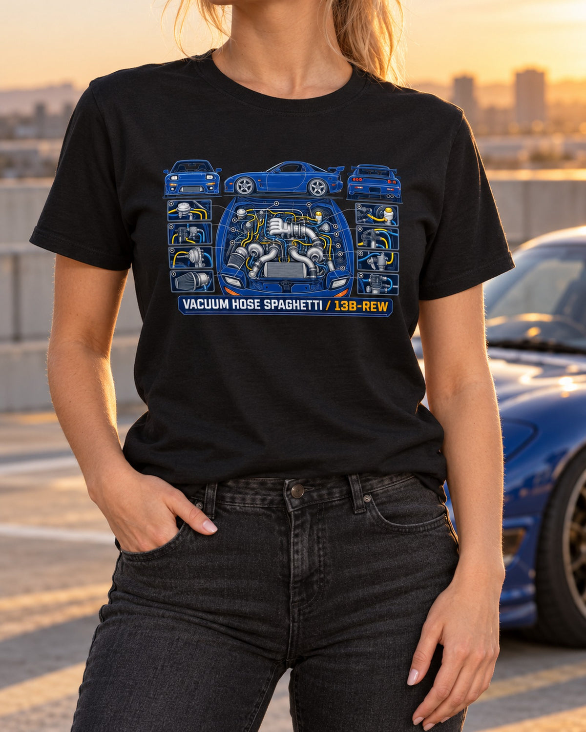 Mazda RX-7 FD3S Vacuum Hose Spaghetti Patent Drawing Shirt T-Shirt Black worn hero