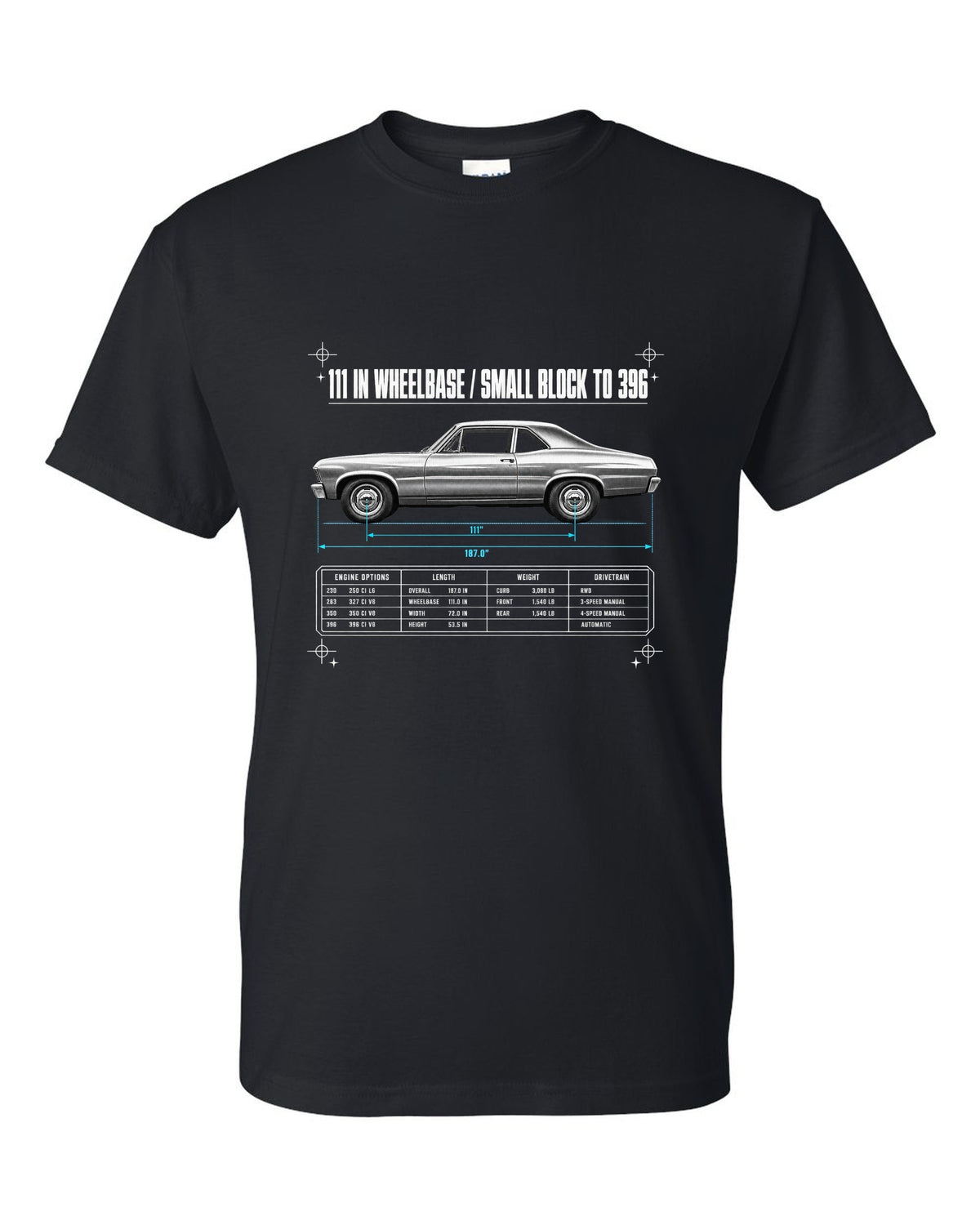 1968 Nova X-Body Spec Poster black t-shirt front view with the design
