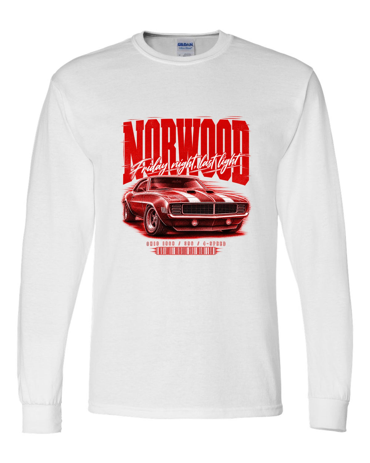 Street-poster print of a 1969 Chevrolet Camaro in Norwood, Ohio with 396 4-speed text white long sleeve front view with the design