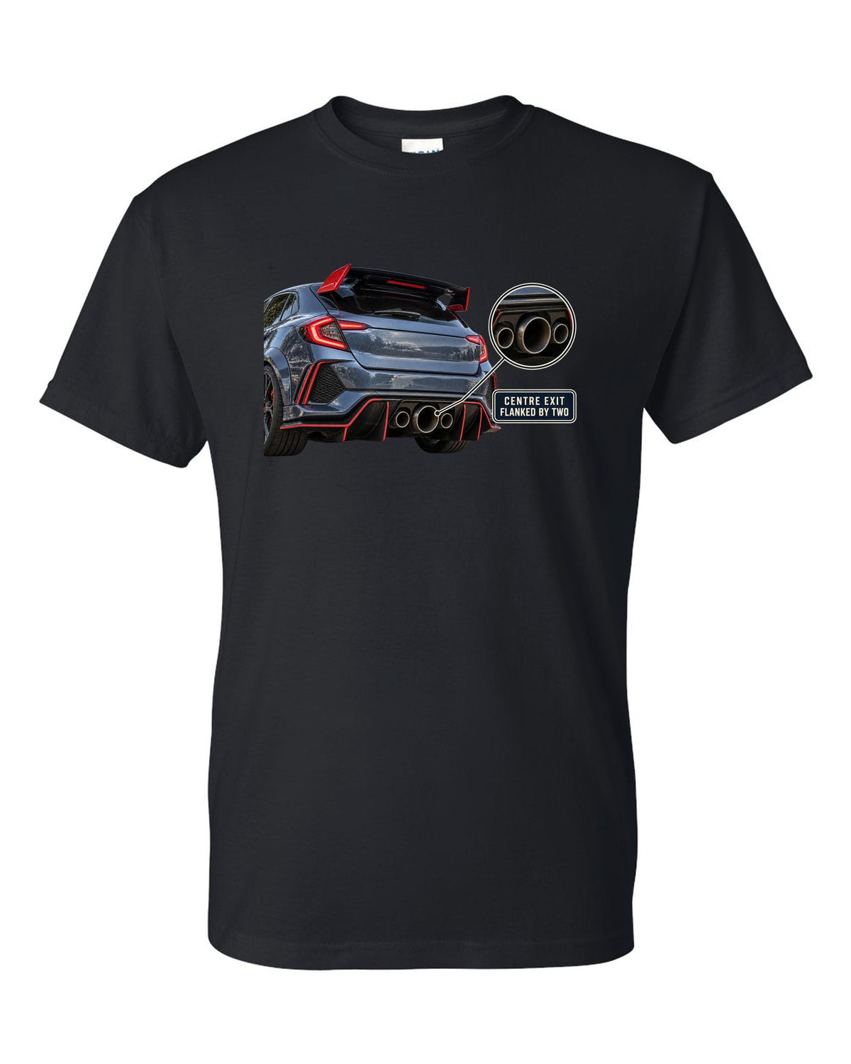 print rear close-up of a Honda Civic Type R FK8 with triple exhaust outlets black t-shirt front view with the design