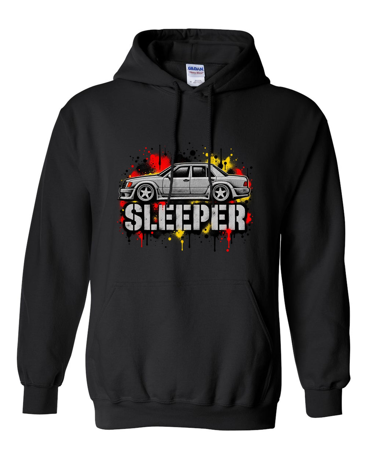 Embroidery-style varsity crest of a Mercedes 300E 5.6 Hammer W124 black pull over hoodie front view with the design