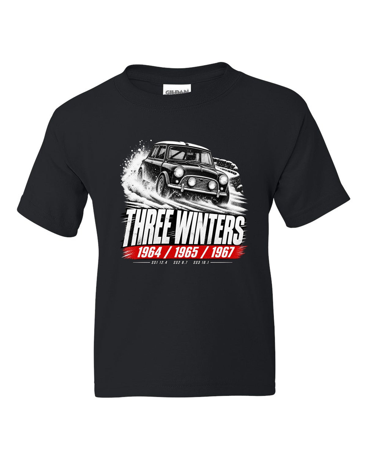 Race poster print of a 1964 Classic Mini Cooper S Mk I rally car with three winters text black kids tee front view with the design