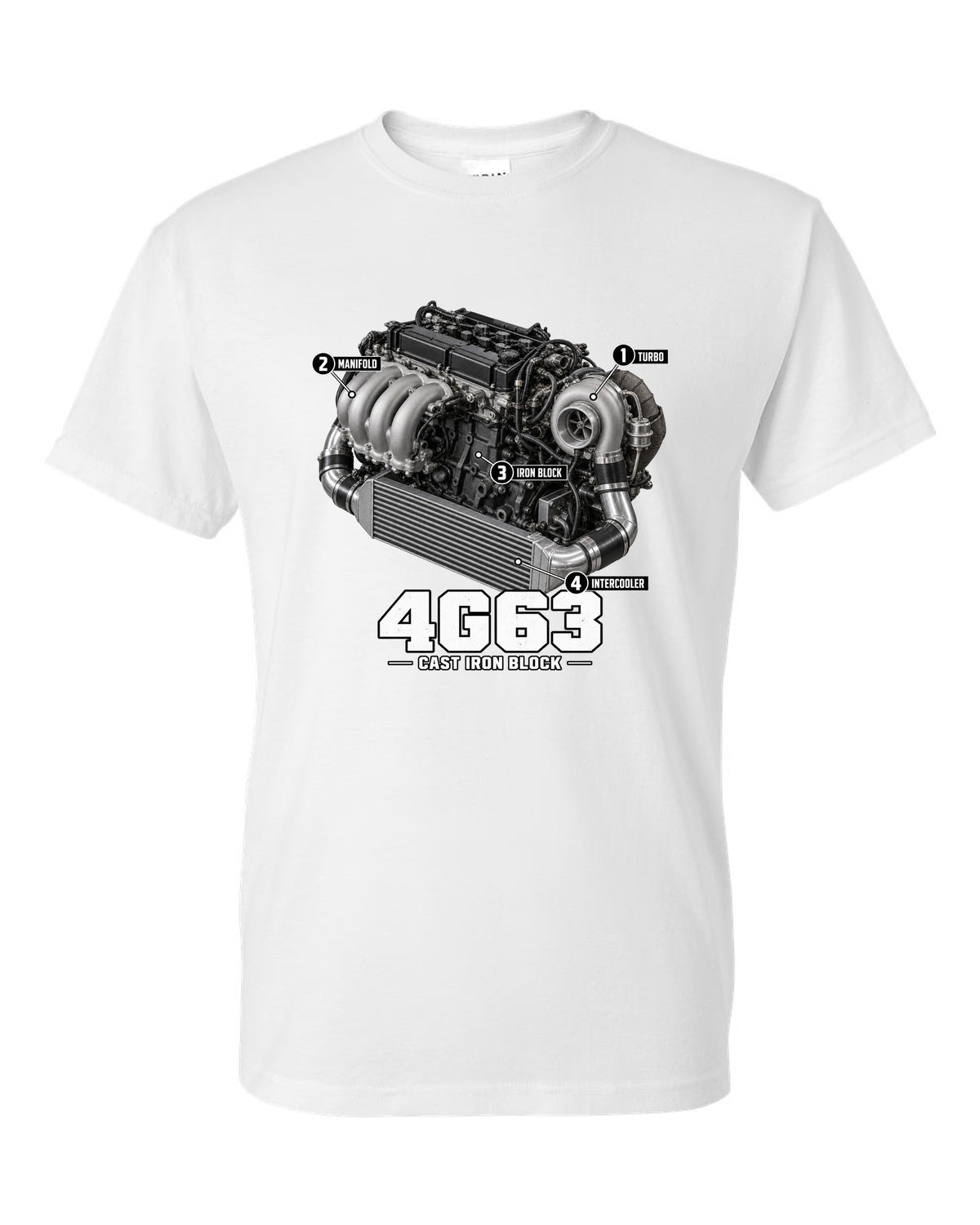 Engine diagram print for the Mitsubishi Lancer Evolution VI CP9A showing a 4G63 with turbo, manifold, iron block and intercooler callouts white t-shirt front view with the design