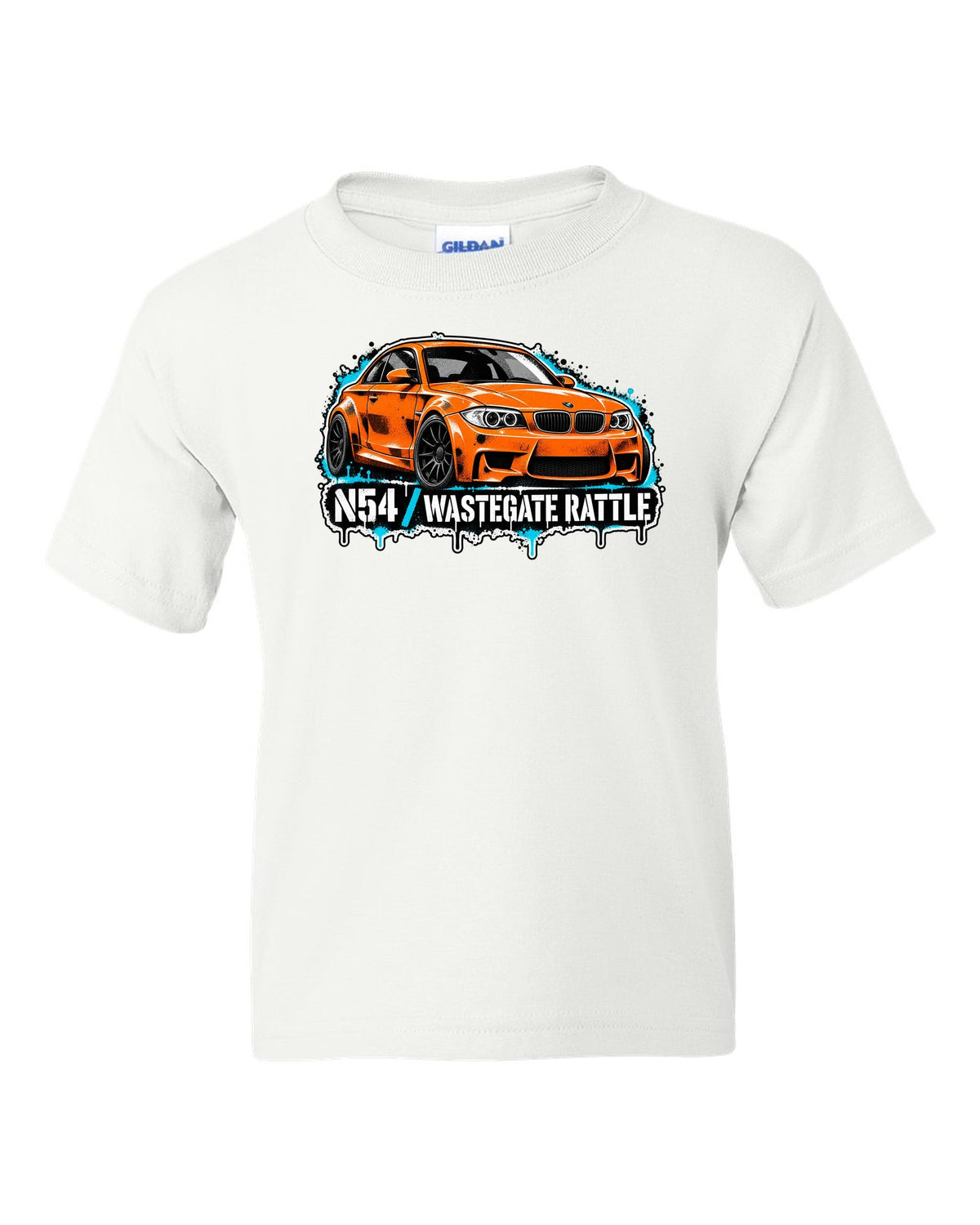 Embroidery-style varsity crest print of a BMW M1 E26 with louvre rear text white kids tee front view with the design
