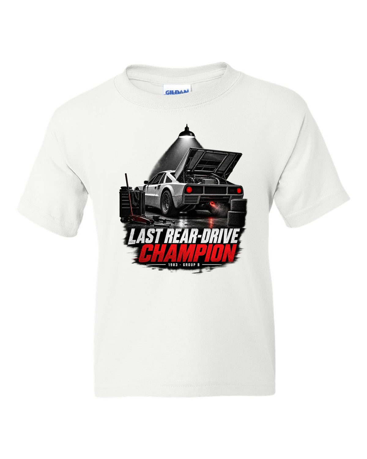 Garage night print of a Lancia Rally 037 with Last Rear-Drive Champion text white kids tee front view with the design