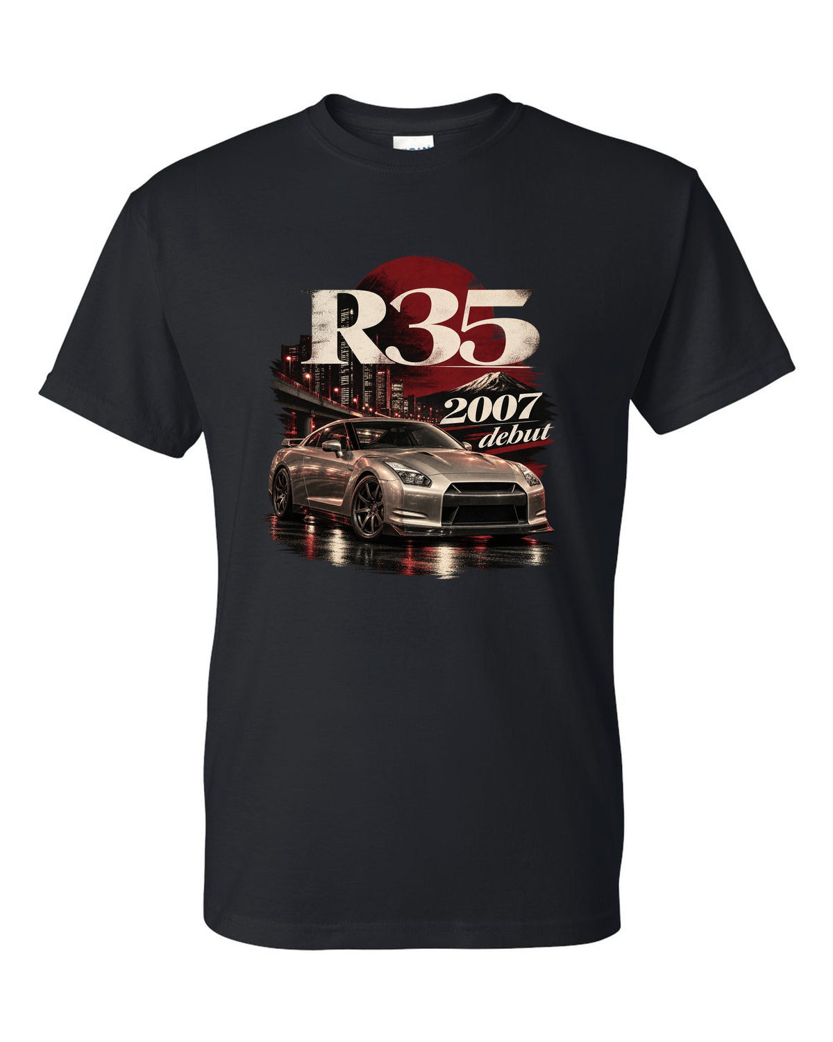 Nissan GT-R R35 2007 debut shape in warm silver on an archive panel black t-shirt front view with the design