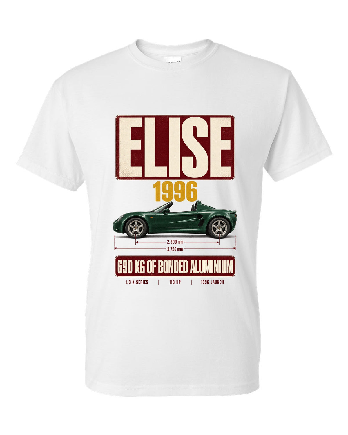 Lotus Elise Series 1 open roadster archive panel print with 1996 and 690 kg bonded aluminium text white t-shirt front view with the design