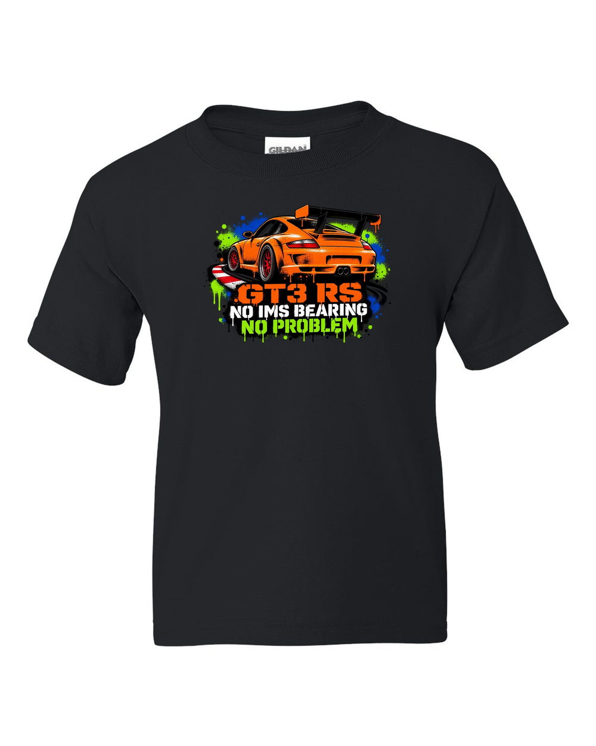 Porsche 996 GT3 RS graffiti stencil spray paint design with IMS joke black kids tee front view with the design