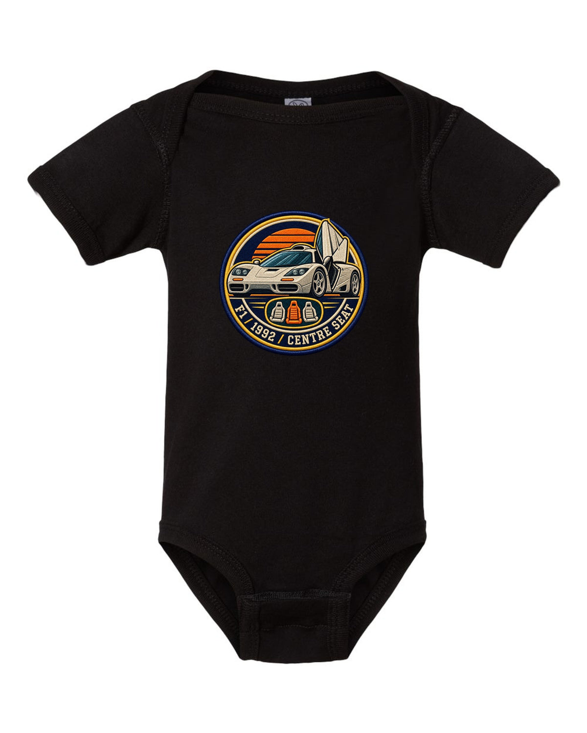 Embroidery varsity crest print for the McLaren F1 with F1, 1992 and Centre Seat lettering black baby onesie front view with the design